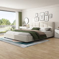Luxury King Boucle Upholstered Platform Bed Curved Tufted Headboard Soft Edges Beige