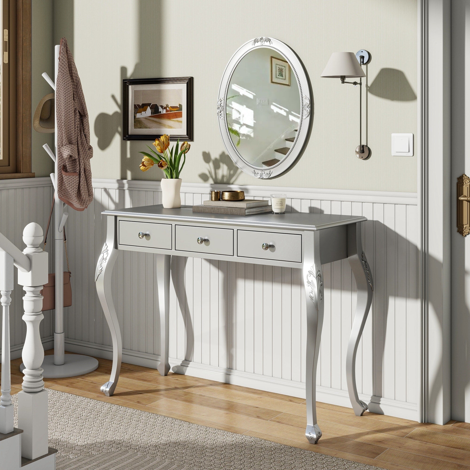 Luxury Makeup Vanity Desk With Oval Mirror 3 Drawer Dressing Table