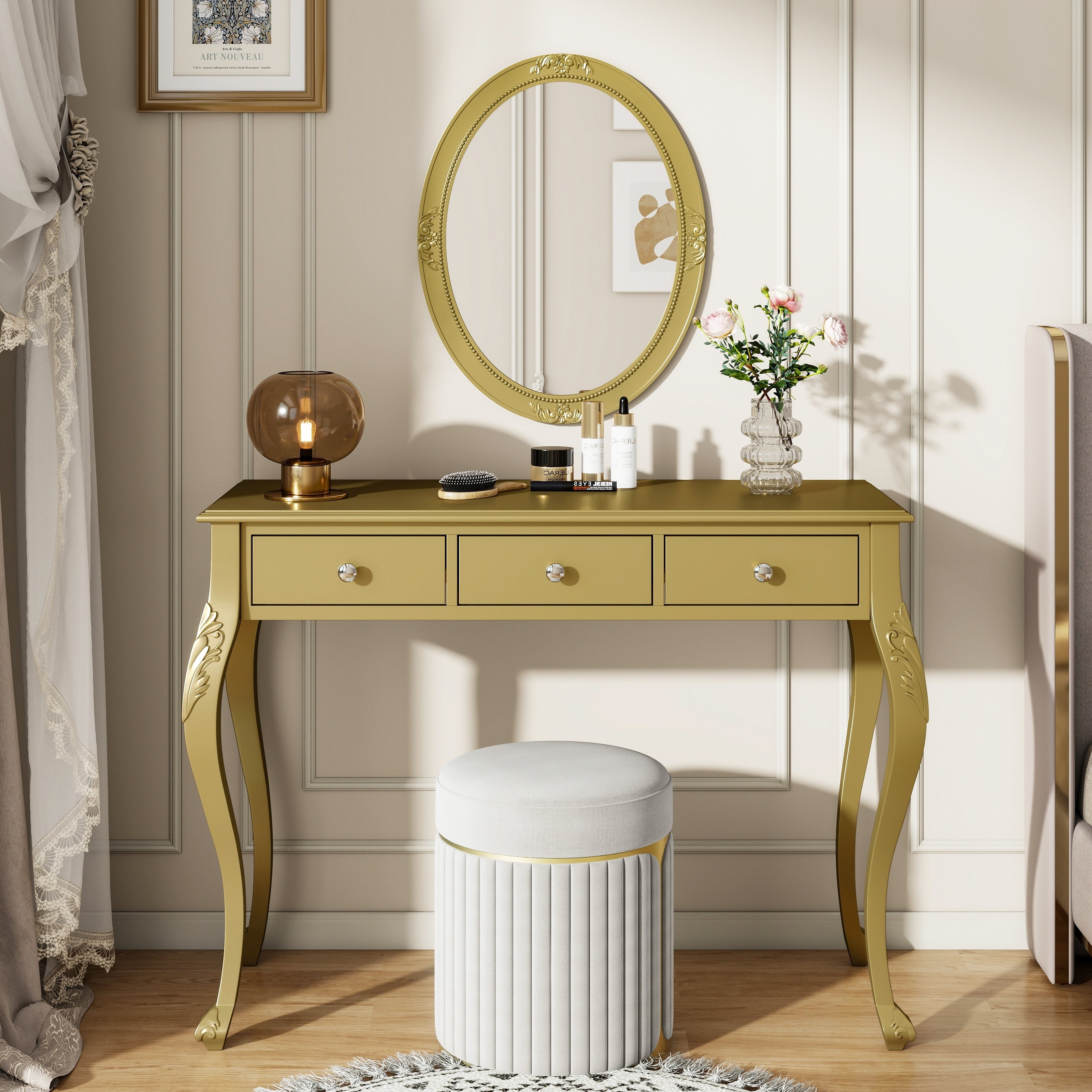 Luxury Makeup Vanity Desk With Oval Mirror 3 Drawer Dressing Table