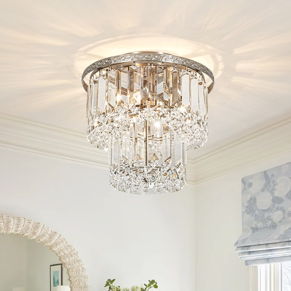 Luxury Nickel Faceted Crystals Tiered Semi Flush Mount Ceiling Light