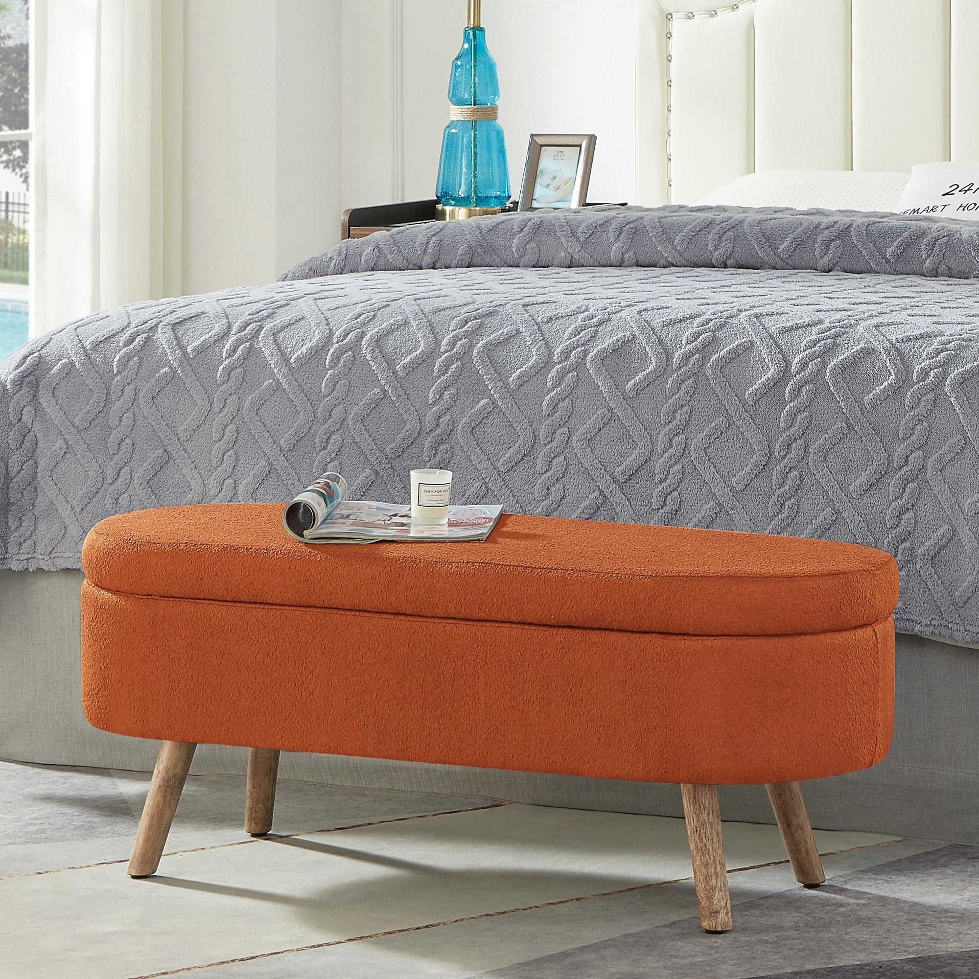 Luxury Oval Boucle Storage Ottoman Bench With Wood Legs 350Lb Weight Capacity Safety Hinge For Living Room Bedroom Entryway
