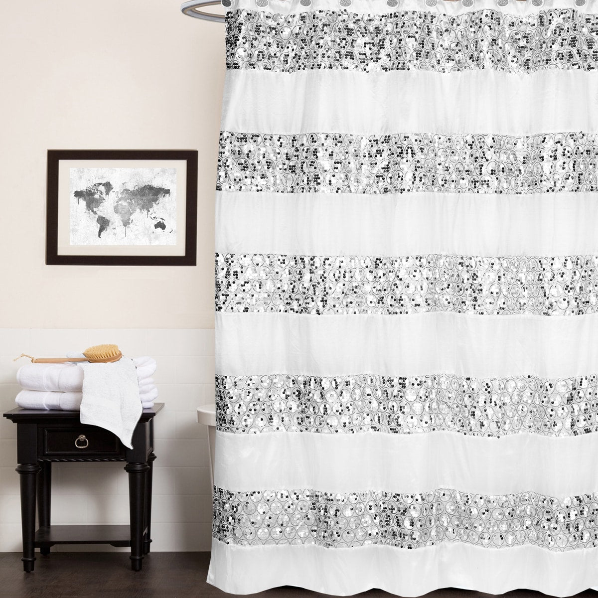 Luxury Striped Polyester Shower Curtain And Hooks Set Or Separates