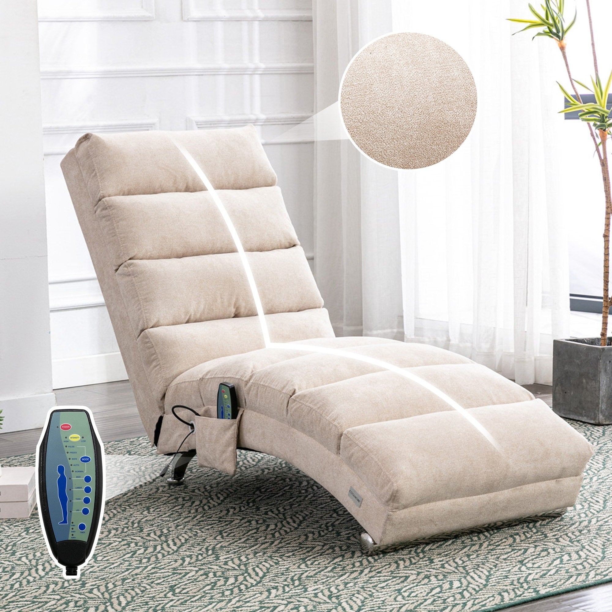 Luxury Upholstered Chaise Lounge Chair With Vibration For Relaxation Fixed Back Fabric Leisure Recliner Sofa