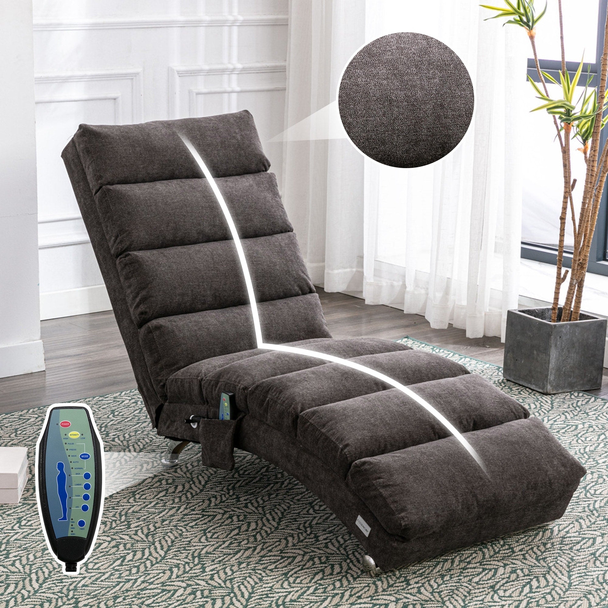 Luxury Upholstered Chaise Lounge Chair With Vibration For Relaxation Fixed Back Fabric Leisure Recliner Sofa