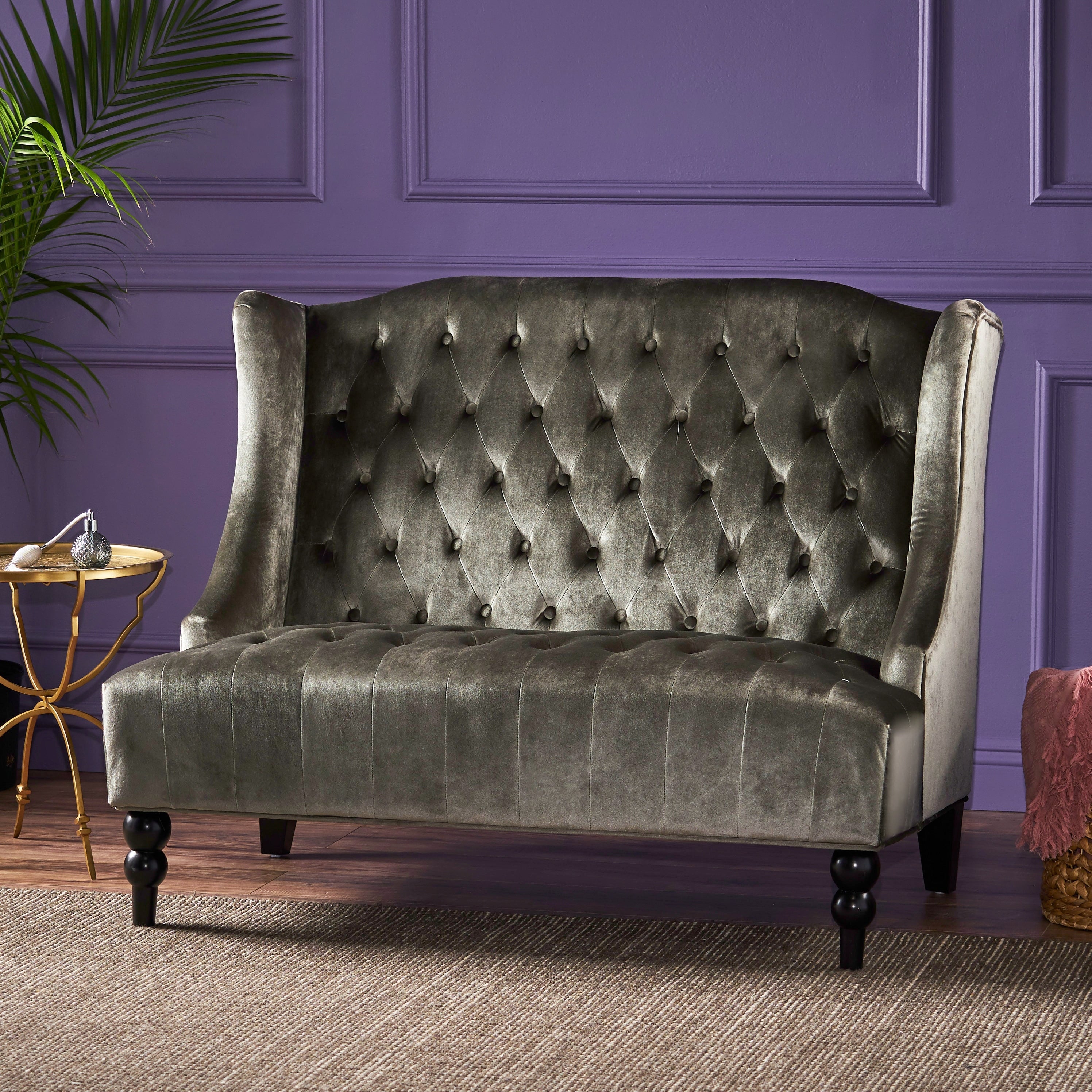 Luxury Velvet Loveseat With Button Tufted Grey Upholstered Sofa Couch 2 Seater Settee With Wingback
