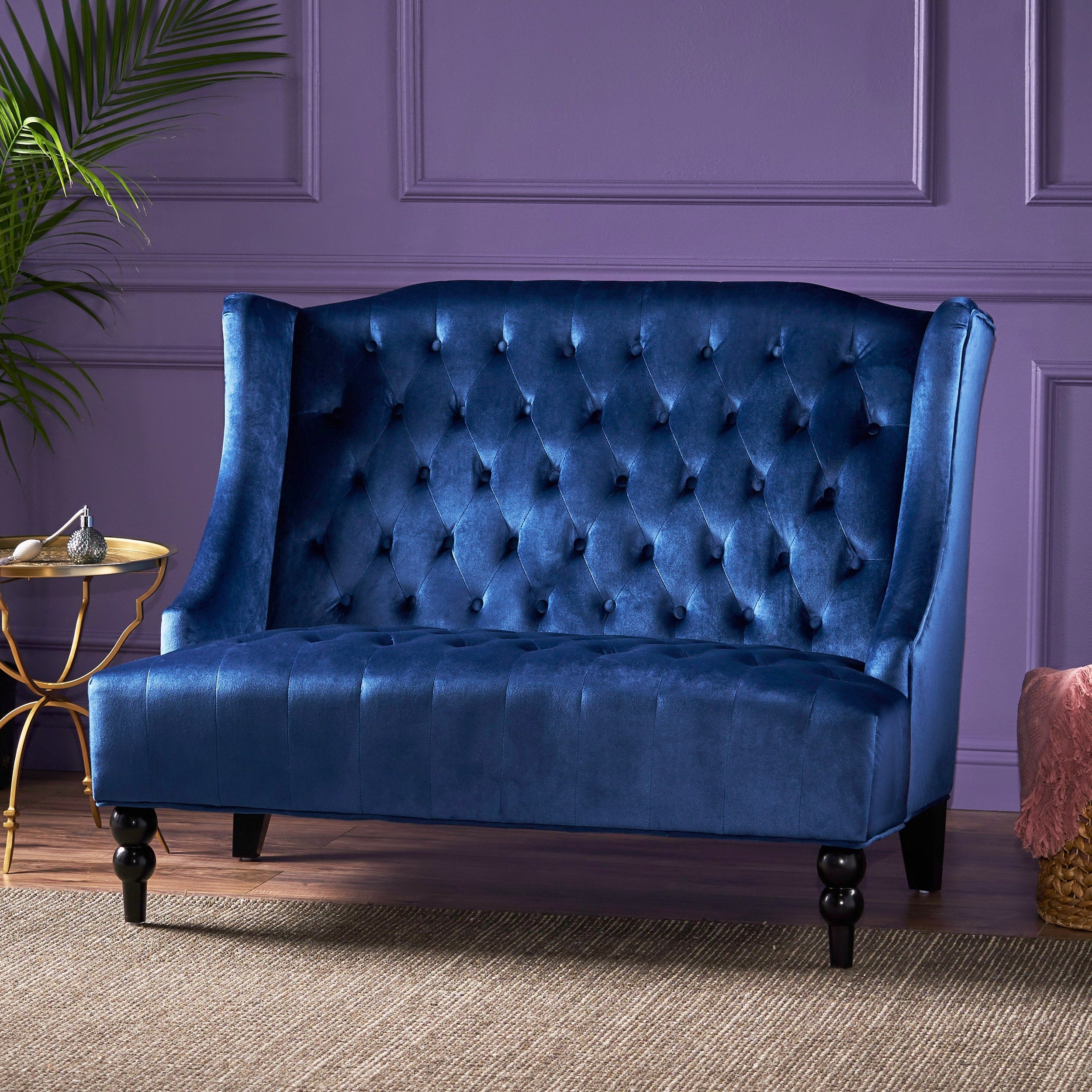 Luxury Velvet Loveseat With Button Tufted Navy Blue Upholstered Sofa Couch 2 Seater Settee With Wingback