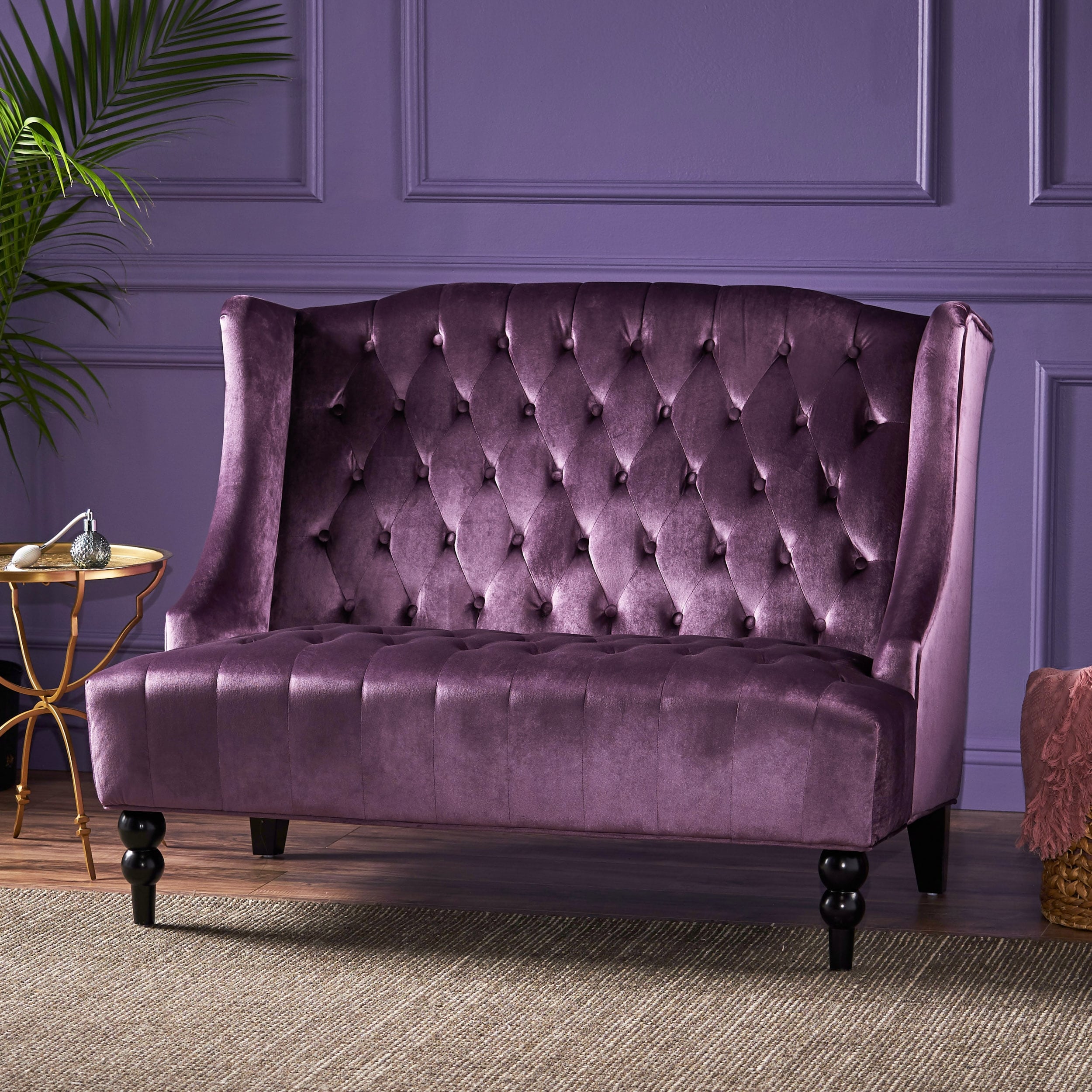 Luxury Velvet Loveseat With Button Tufted Purple Upholstered Sofa Couch 2 Seater Settee With Wingback