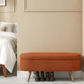 Luxury Oval Shaped Wool Upholstered Storage Bench With Wooden Legs 350 Pound Weight Capacity And Safety Hinges