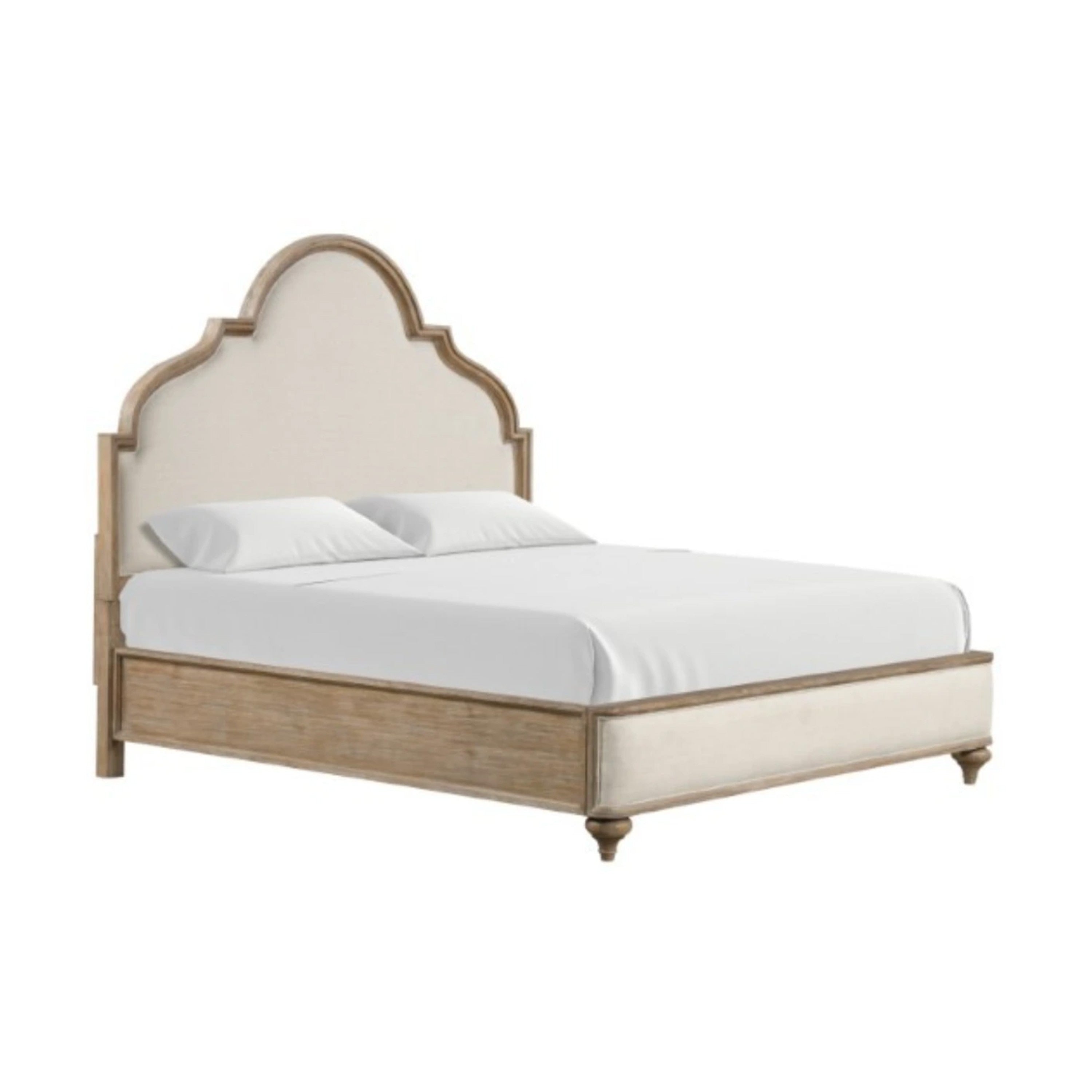 Lyla Queen Bed Scalloped Ivory Upholstery Rustic Oak Solid Wood
