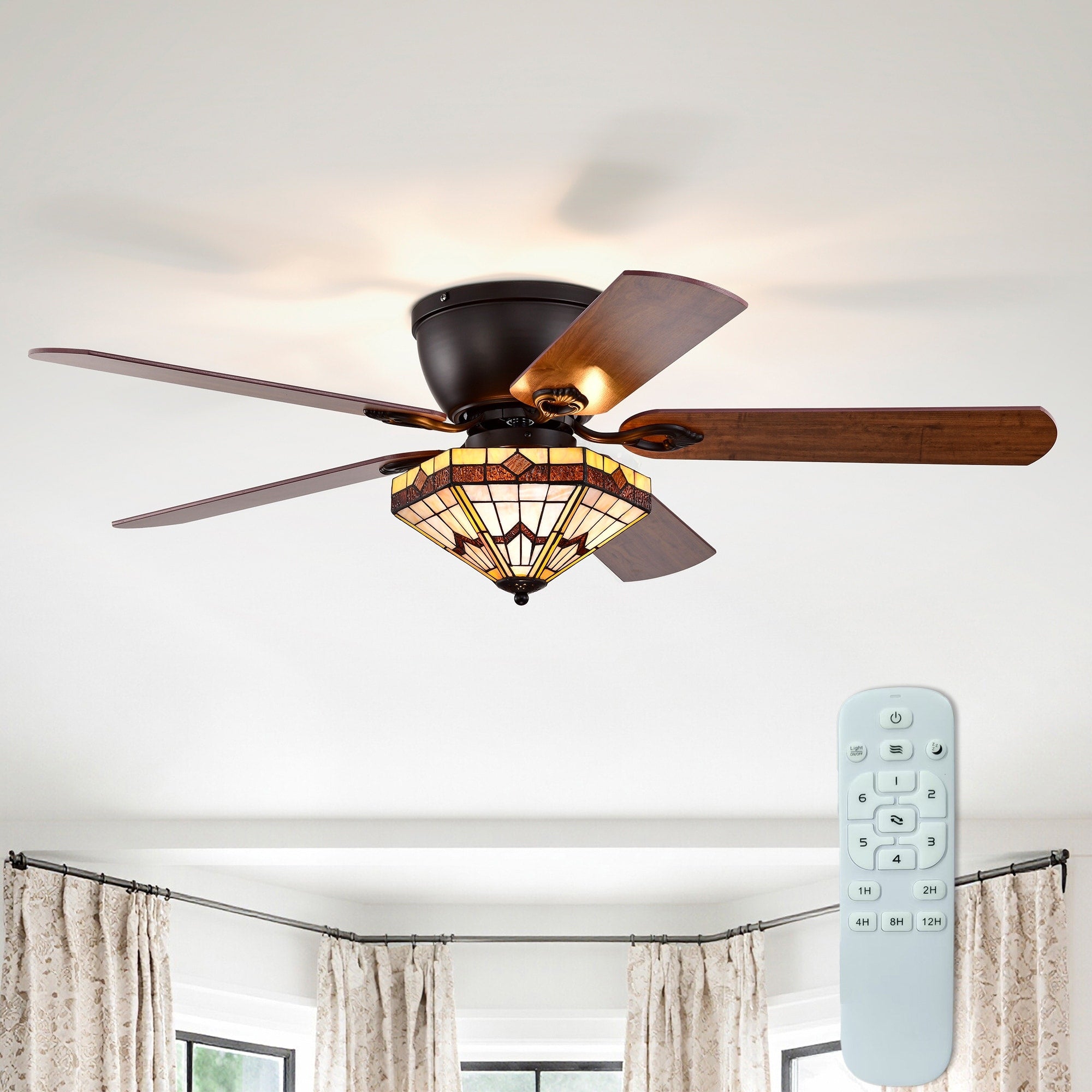 Lymelyn 52 Inch Flushmount Lighted Ceiling Fan Ivory Geometric Tiffany Glass Lamp Black Finish