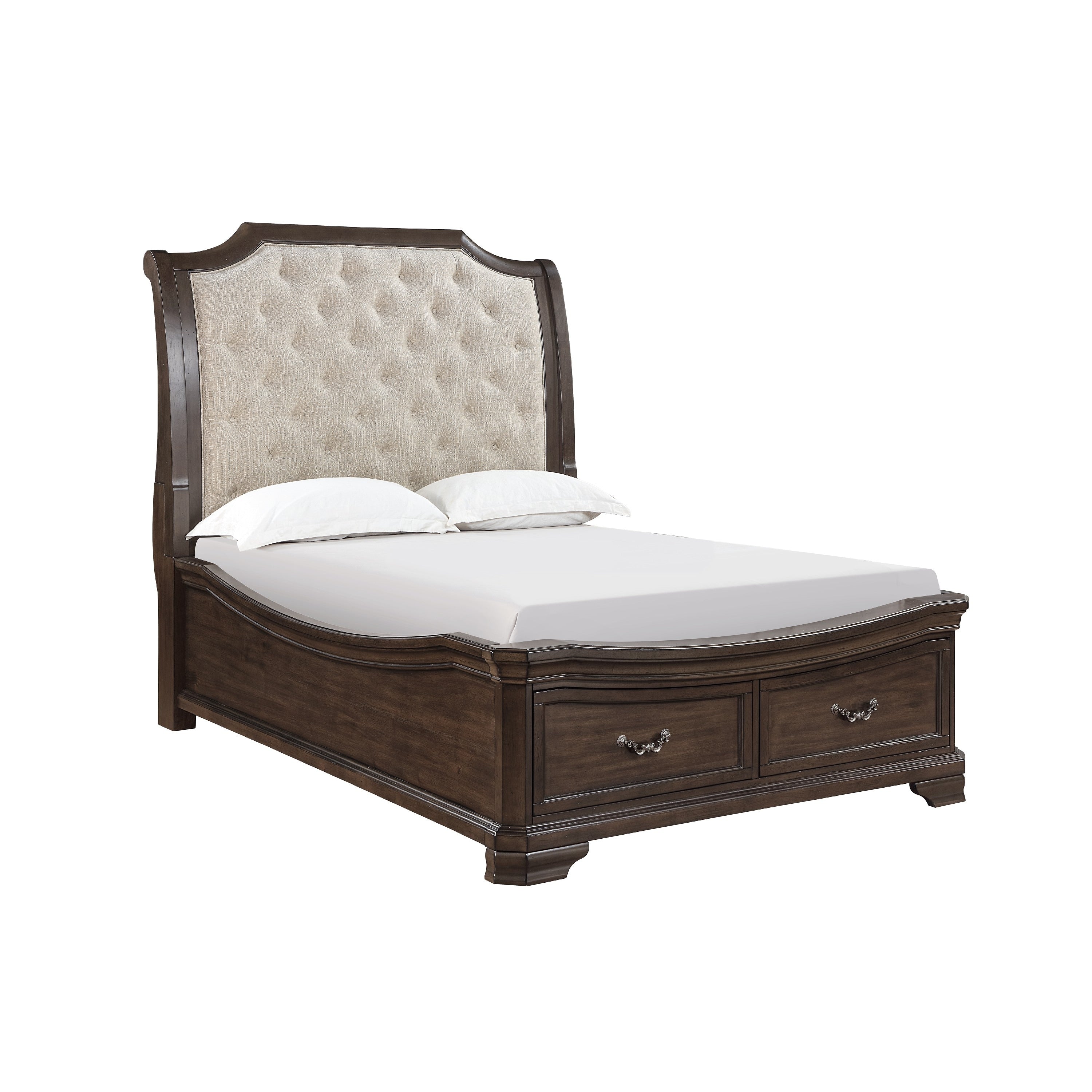 Lynda Queen Bed Beige Button Tufted Headboard 2 Drawers Walnut Brown