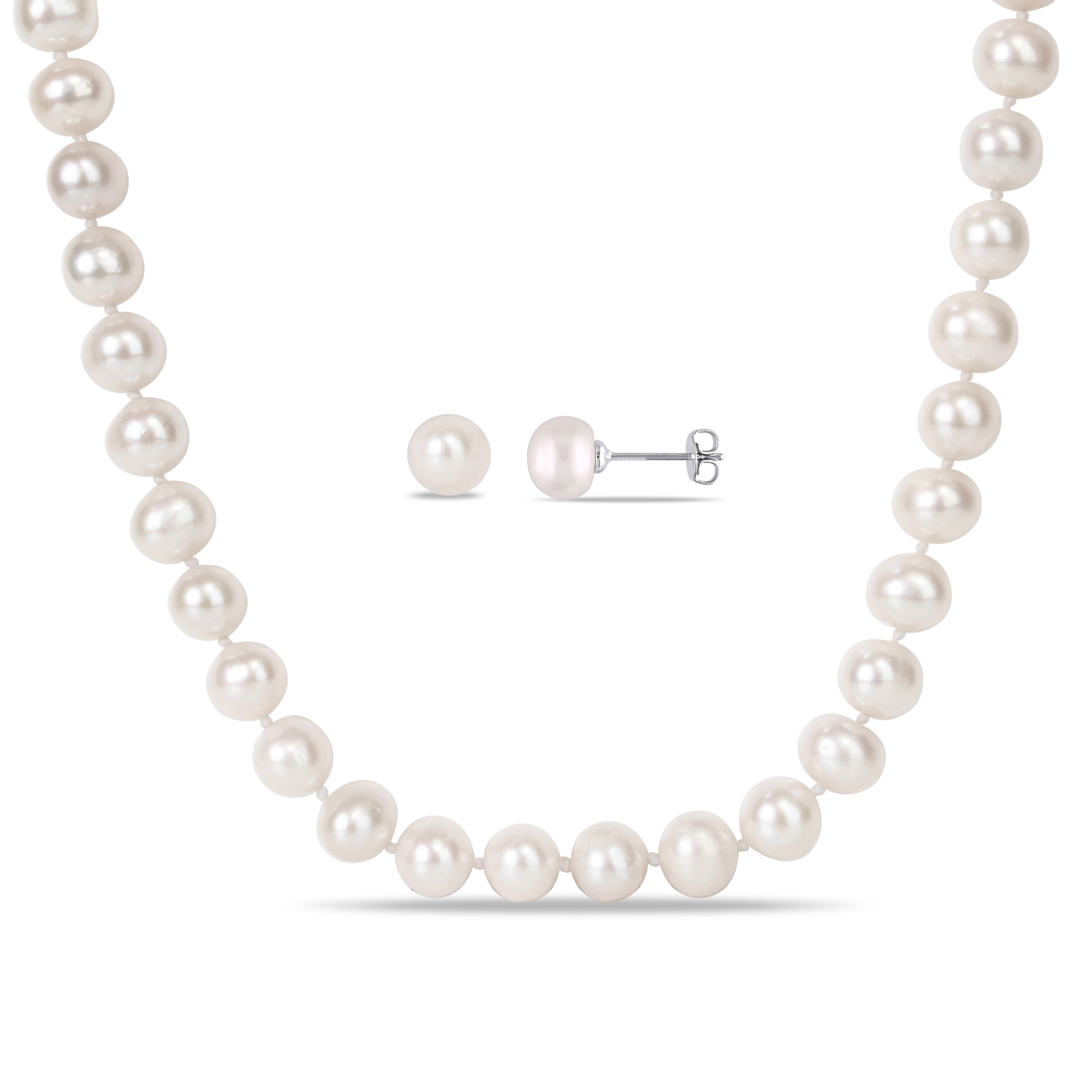 Miadora Silvertone Cultured Freshwater Pearl Necklace And Stud Earrings Two Piece Set 8 10Mm