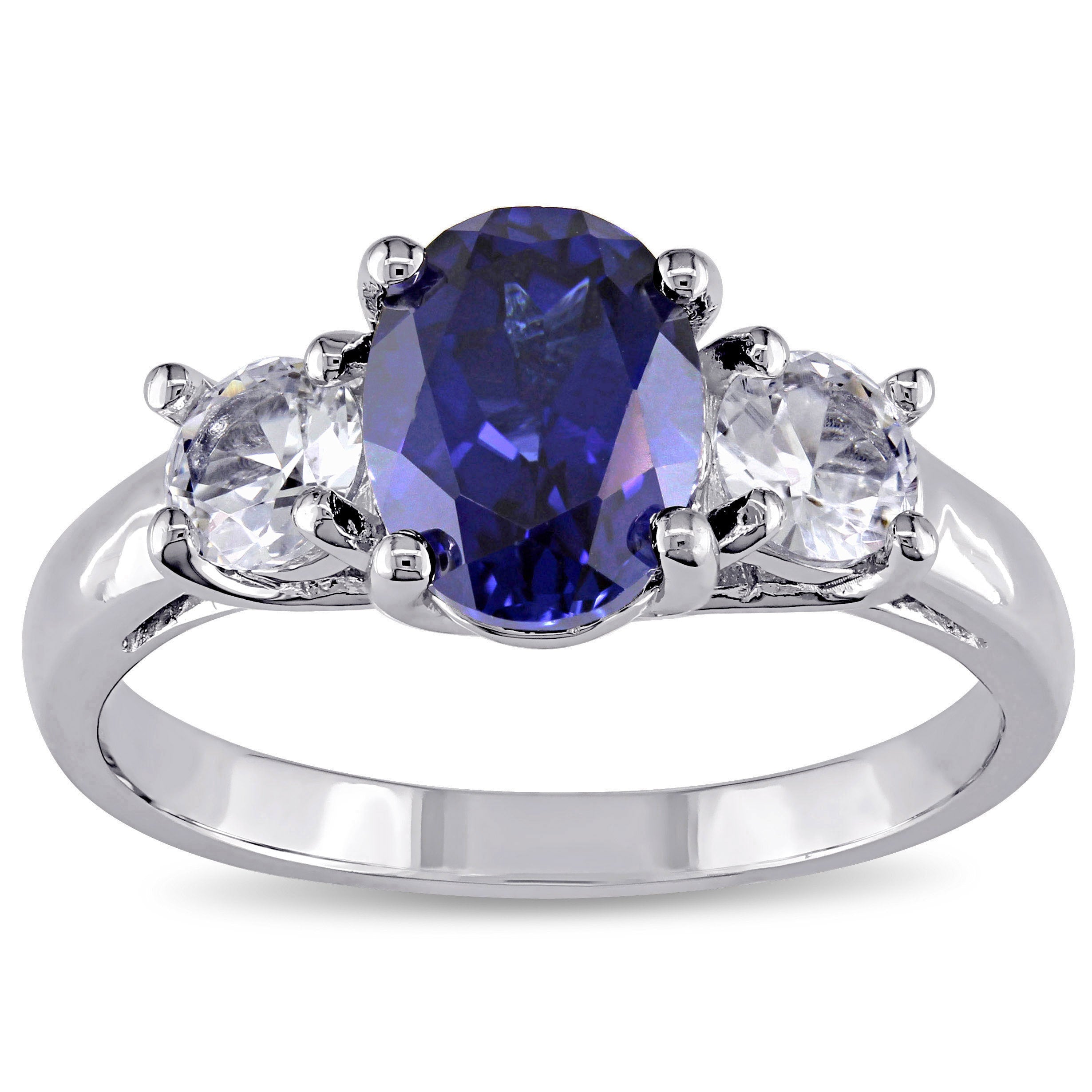 Miadora Sterling Silver Created Blue And White Sapphire 3 Stone Engagement Ring
