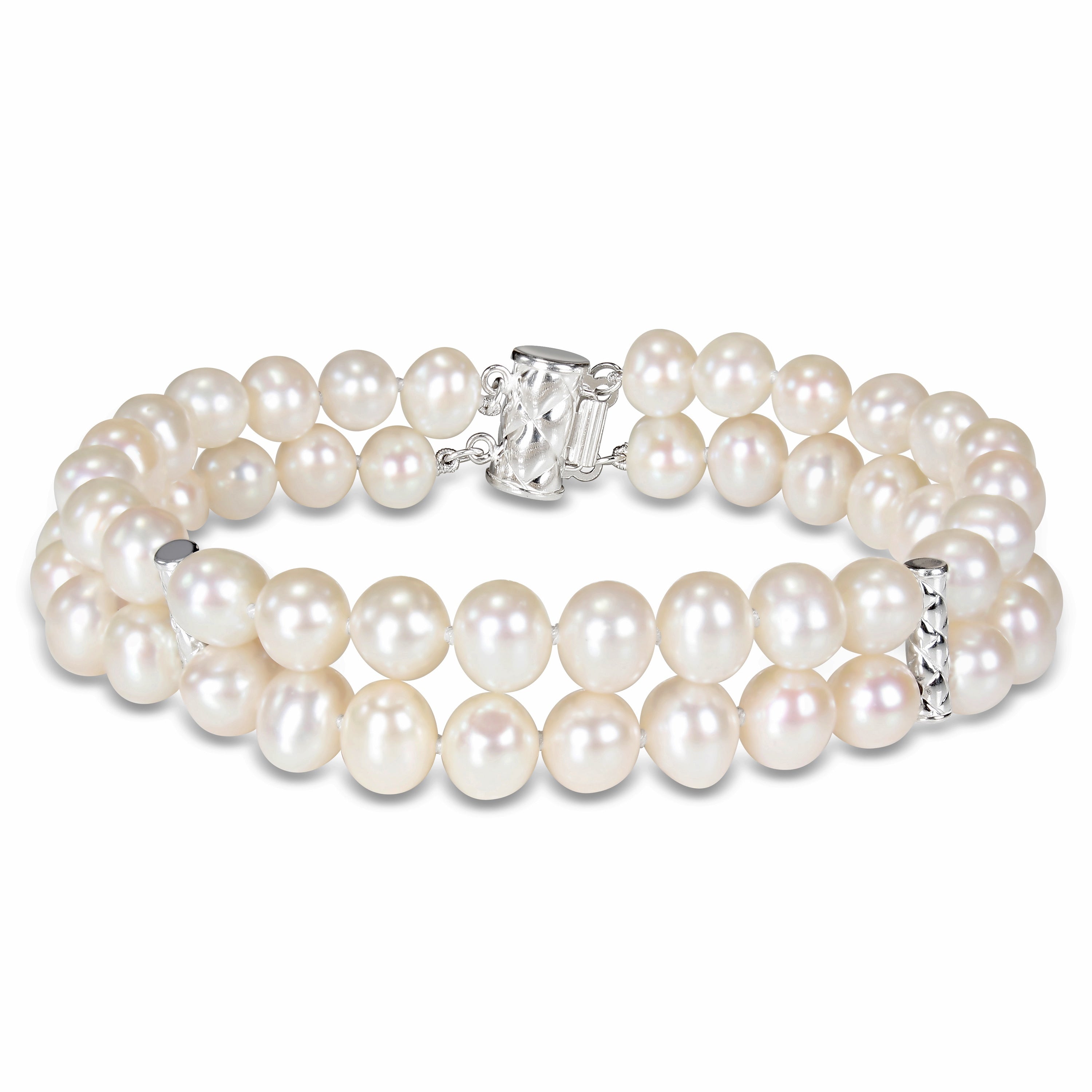 Miadora Sterling Silver Cultured Freshwater Pearl Two Strand Bracelet 6.5 7 Mm