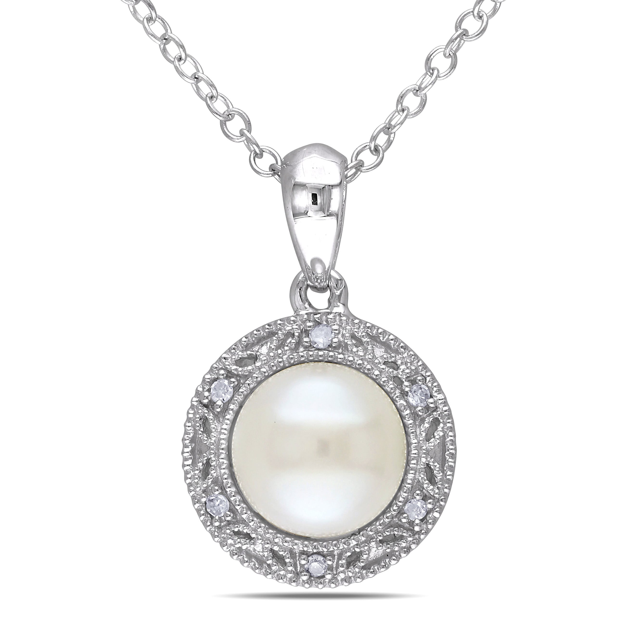 Miadora Sterling Silver Freshwater White Pearl And Diamond Necklace 7 7.5