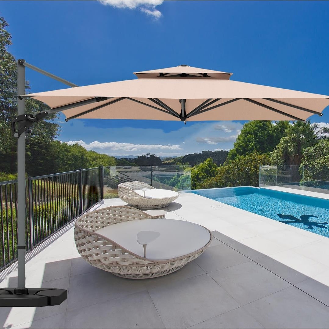 Mf Studio 11Ft Offset Cantilever Patio Outdoor Umbrella With Tilt And 360 Degree Rotating System Cross Base Included Beige