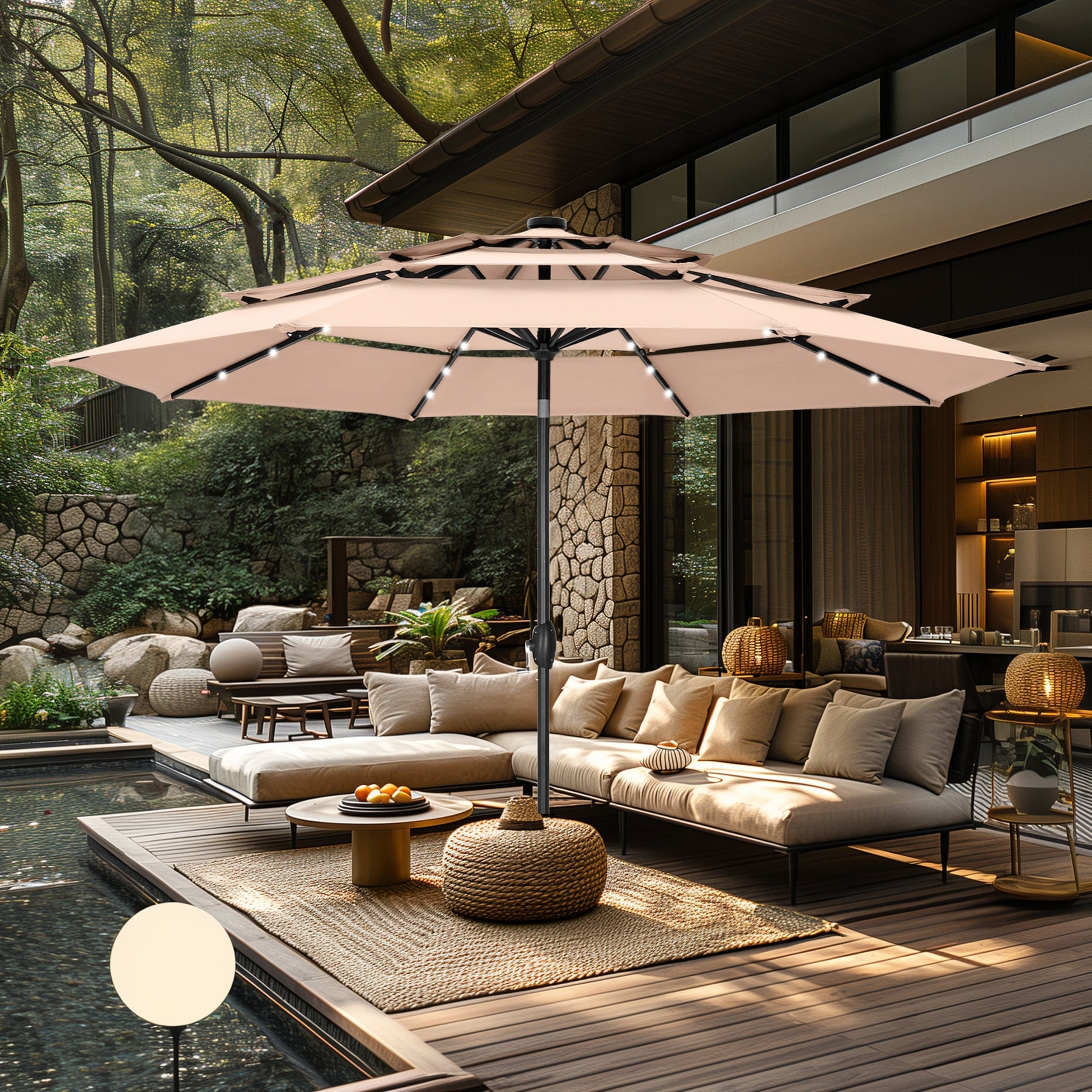 Phi Villa 10Ft 3 Tier Auto Tilt Patio Umbrella Outdoor Double Vented Umbrella Orange Red