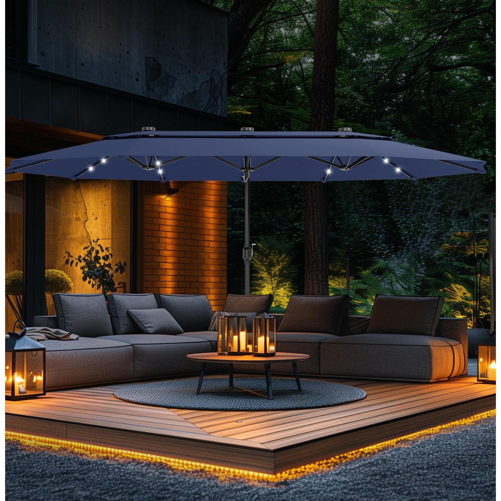 Maison Arts 15Ft 2 Tier Large Patio Umbrella With Solar Lights Double Sided Outdoor Market Umbrellas With Base Included