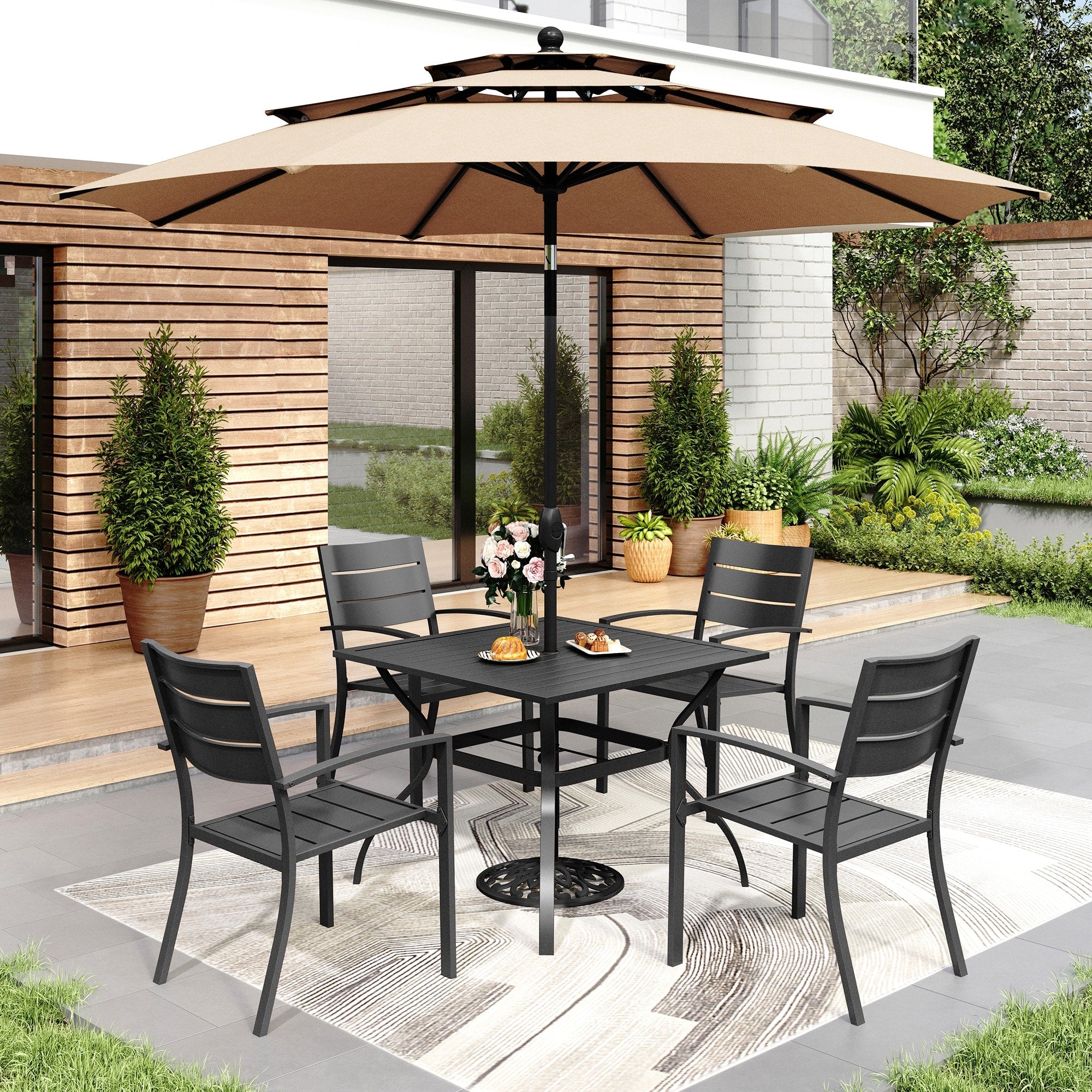 Maison Arts 6 Piece Outdoor Dining Set With 10Ft 3 Tier Auto Tilt Umbrella Metal Square Table 4 Stackable Chairs
