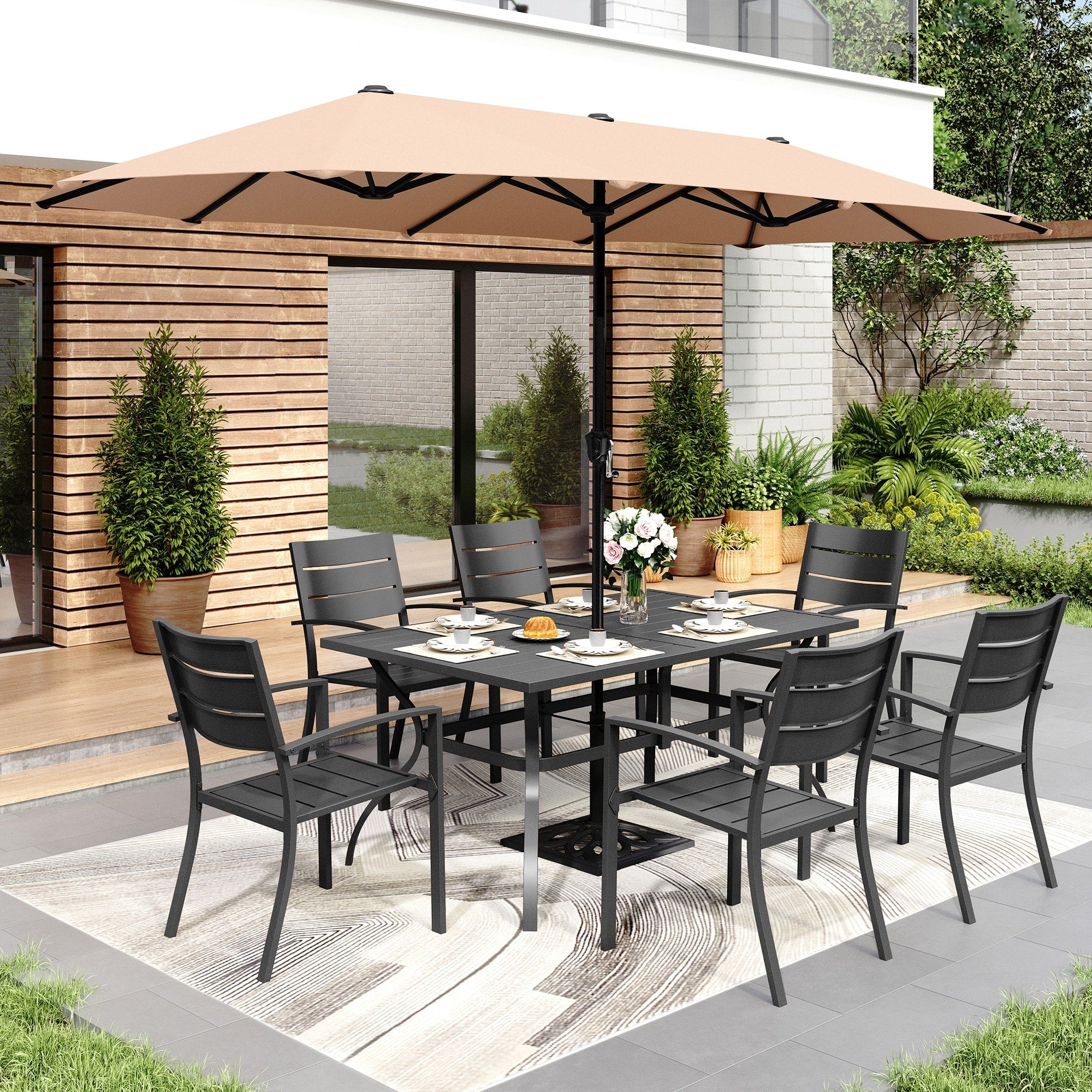 Maison Arts 8 Piece Outdoor Dining Set With 13Ft Umbrella Metal Rectangle Table 6 Stackable Chairs
