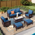 4 Pc Patio Wicker Sofa Set With Coffee Table Blue Padded Cushion