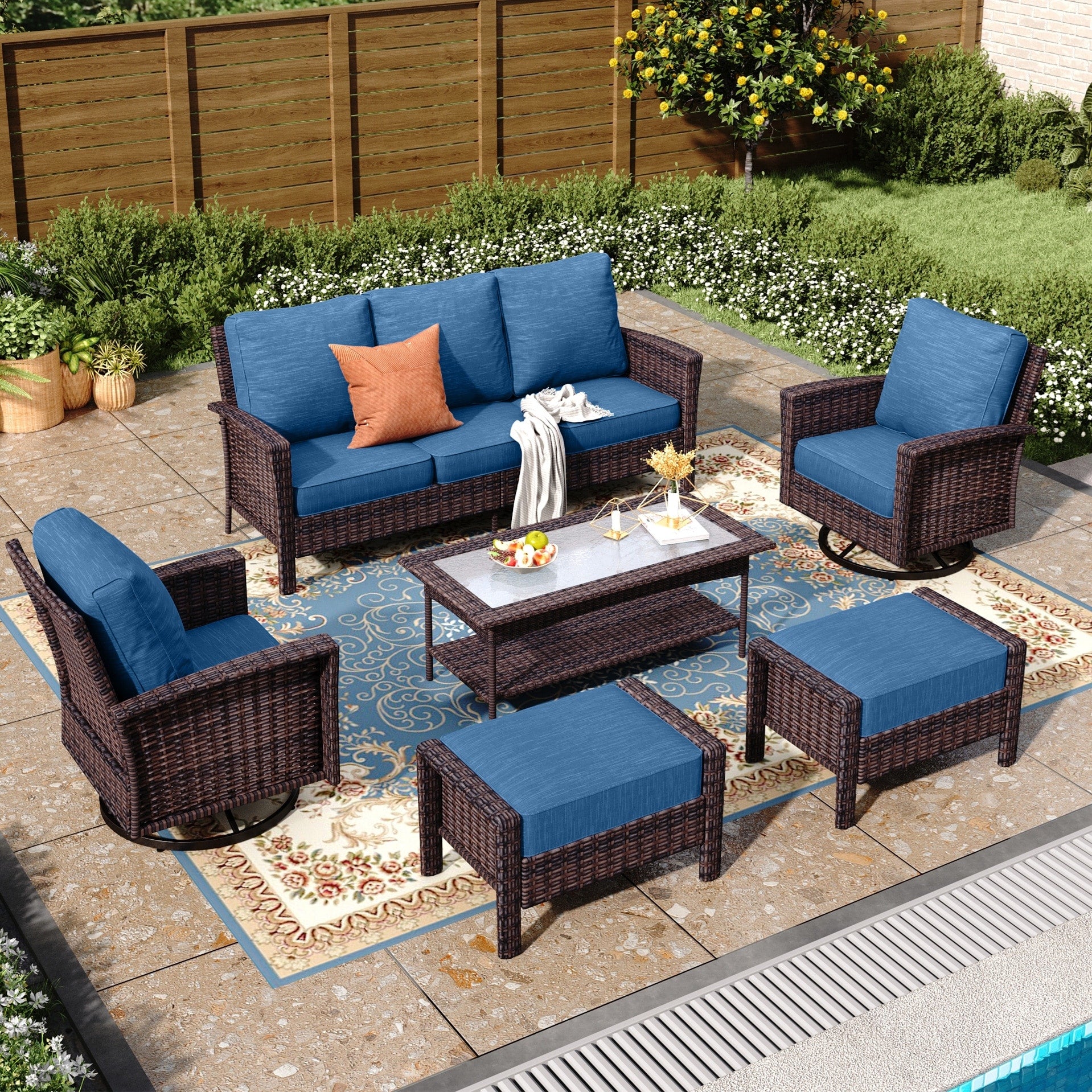 4 Pc Patio Wicker Sofa Set With Coffee Table Blue Padded Cushion