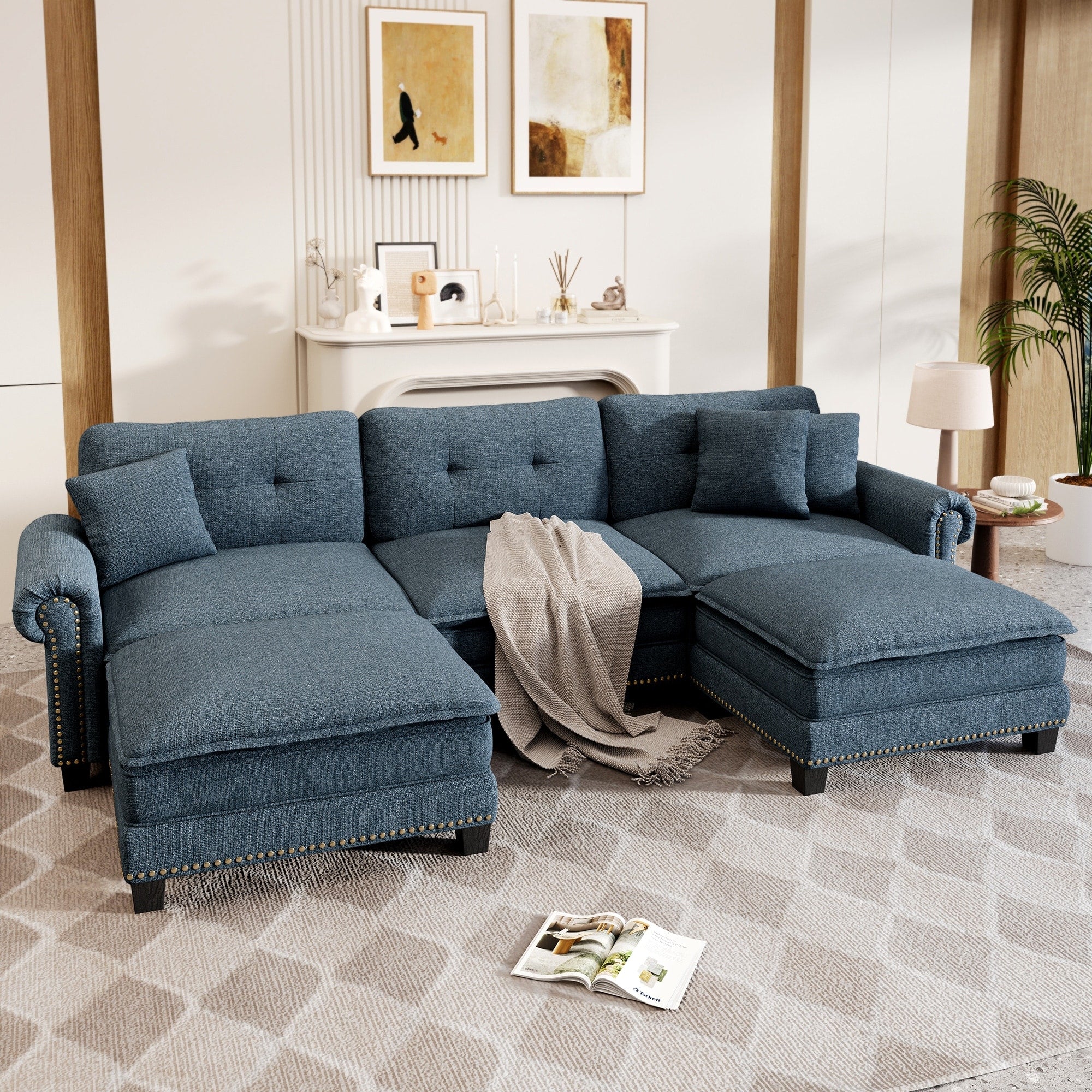 Maison Arts Mid Century Modern Oversized L U Shaped Cloud Couch With Ottoman Deep Seat Sectional Sofa With Throw Pillows