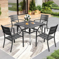Maison Arts Outdoor 5 Pieces Dining Set Metal Table With Umbrella Hole Stackable Patio Dining Chairs