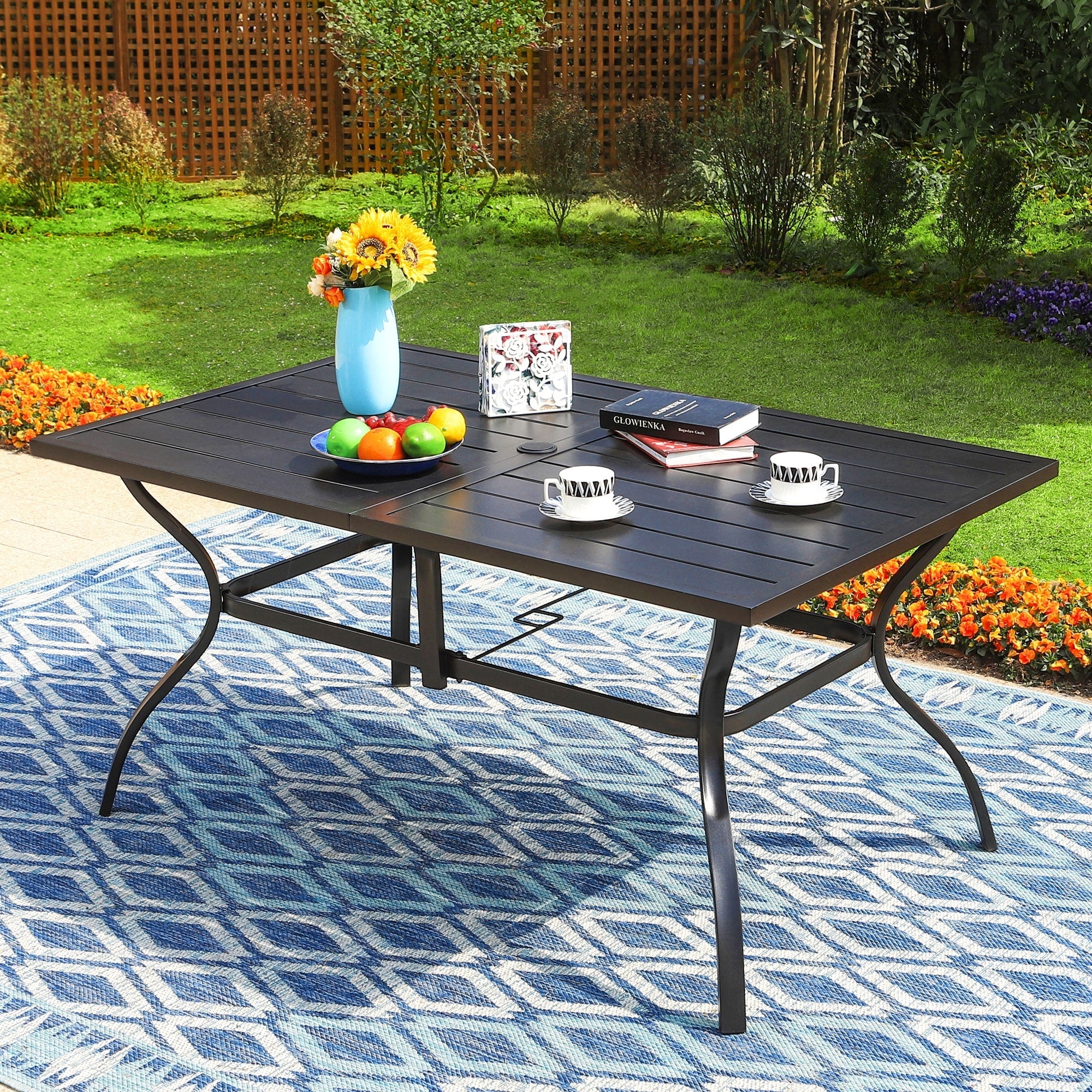 Outdoor Metal Dining Table Garden 6 Person Umbrella Table For Lawn Patio Pool Sturdy Steel 1 Table