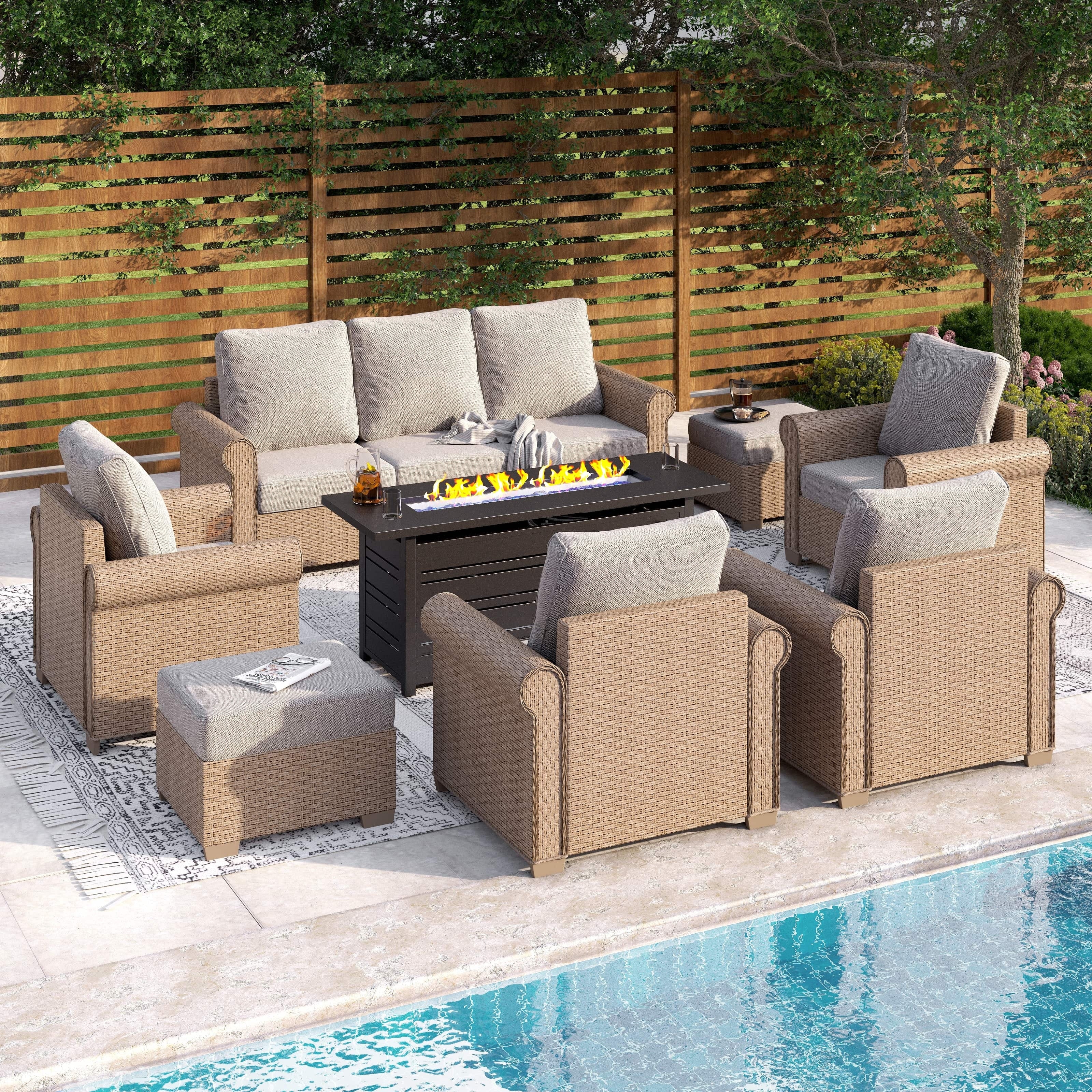 Maison Arts Outdoor Patio Luxury Wicker Conversation Fire Pit Set With Curved Armrests With Cushions Gray 8 Pieces