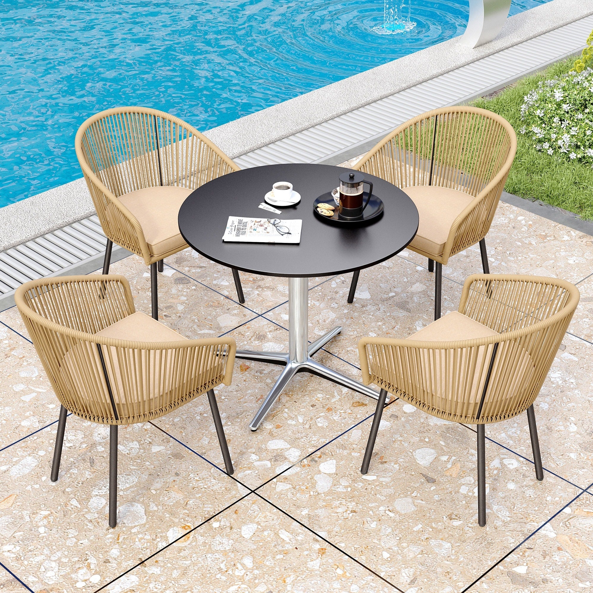 Maison Arts Patio Wicker Chairs Dining Set Outdoor Modern Rope Rattan Chairs With Metal Legs Cushions Metal Pedestal Table