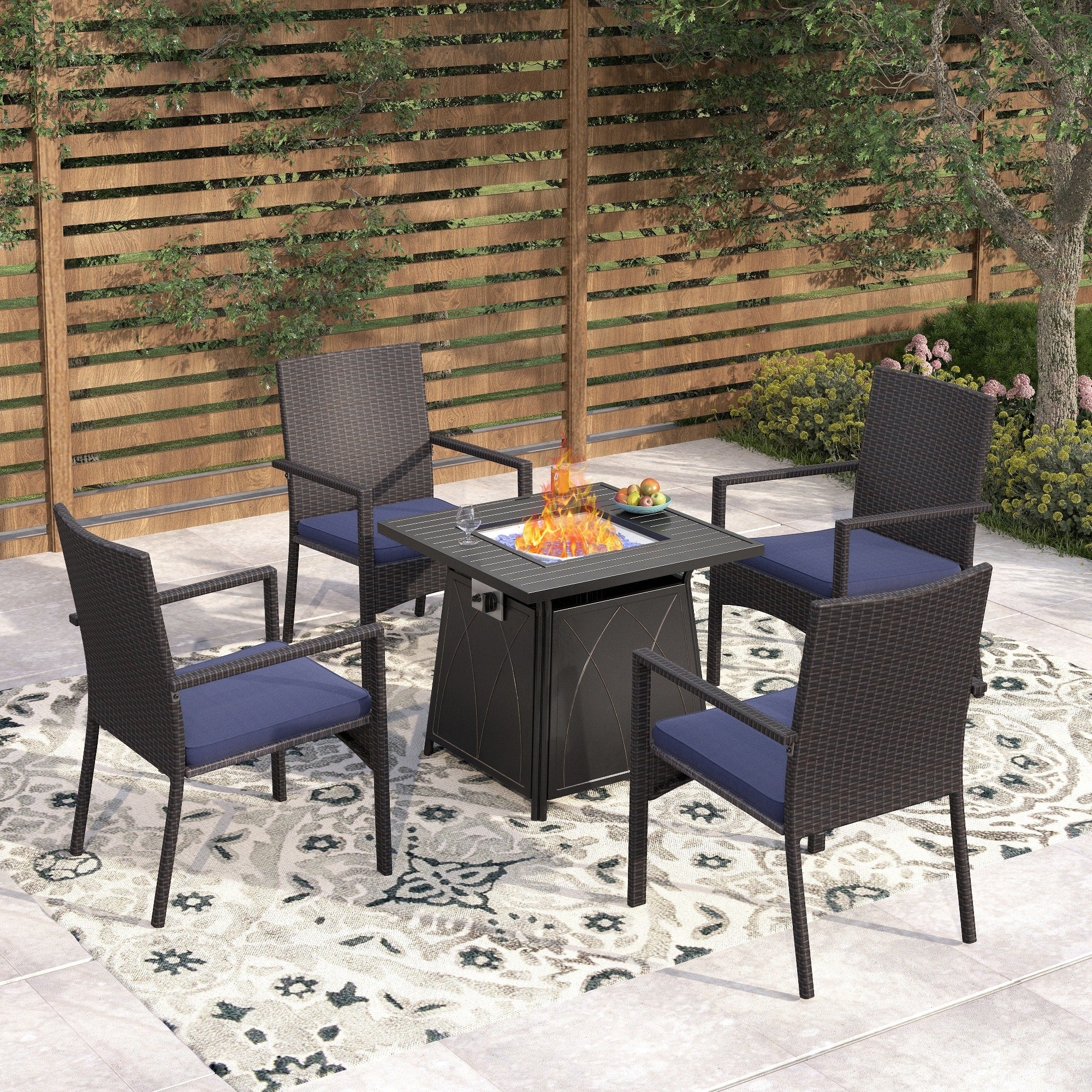 Phi Villa 28 Gas Fire Pit Table With 4 Rattan Chairs 5 Piece Propane Fire Pit Setwith 5Kg Fire Glass