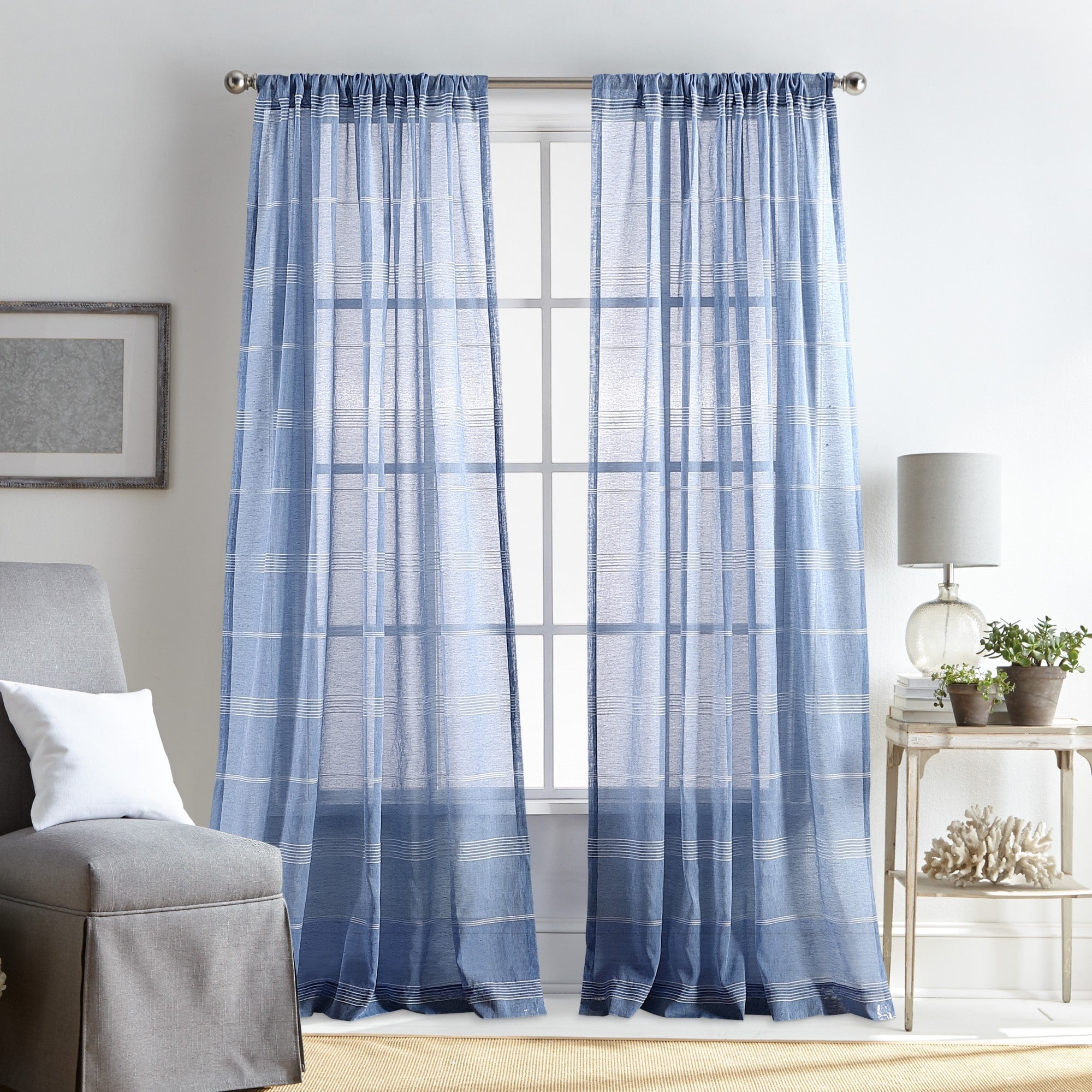 Martha Stewart Delicate Stripe Sheer Rod Pocket Window Curtain Panel Pair