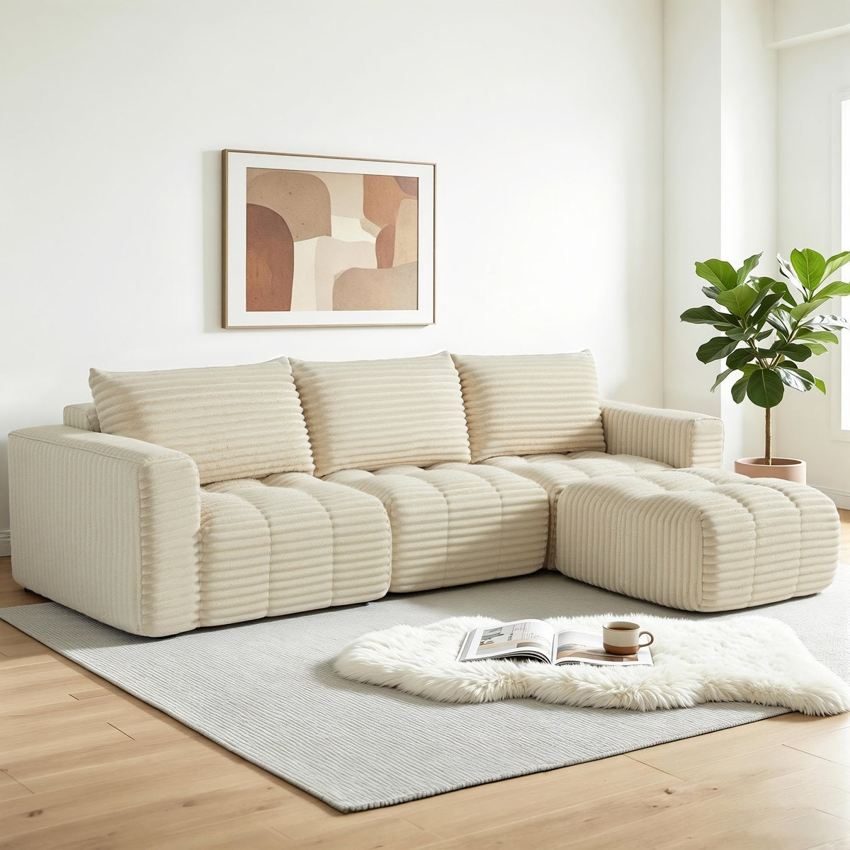 Mcombo Compression Extra Wide 3 Seater Sectional Sofa With Ottoman Thick Padded Back Deep Seats L Shaped Couch