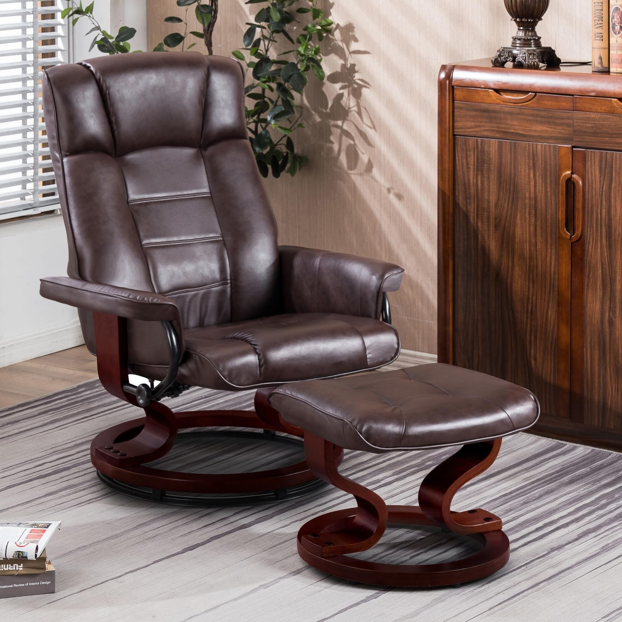 Mcombo Swiveling Recliner Chair With Wood Base And Ottoman Furniture Casual Chair 9019