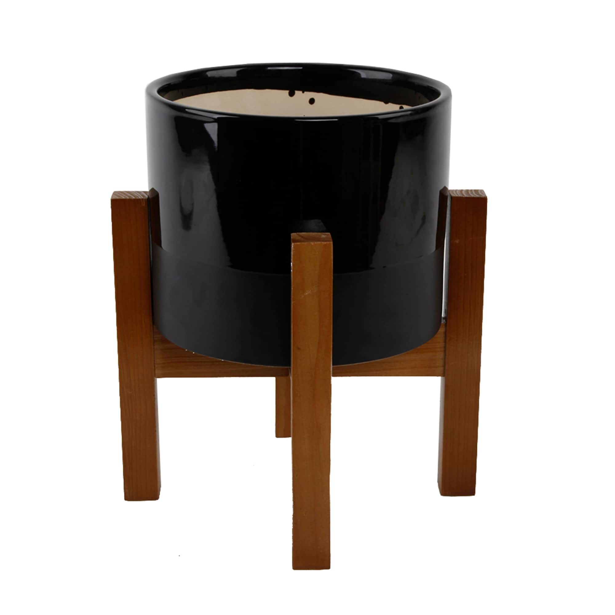 Mid Century 8 Large 2 Tone Ceramic Plant Pot On Wood Stand