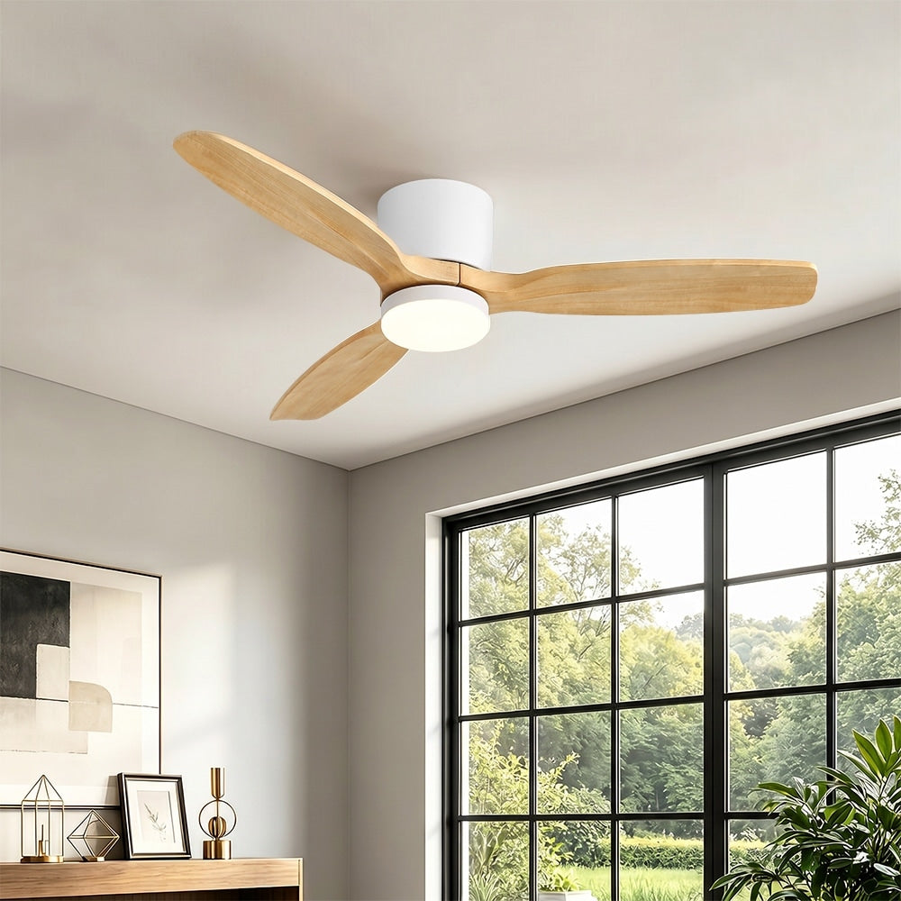 Mlian 48 In. 3 Solid Wood Tone Blades Indoor Standard White Ceiling Fan Flush Mount With Remote And Integrated Led