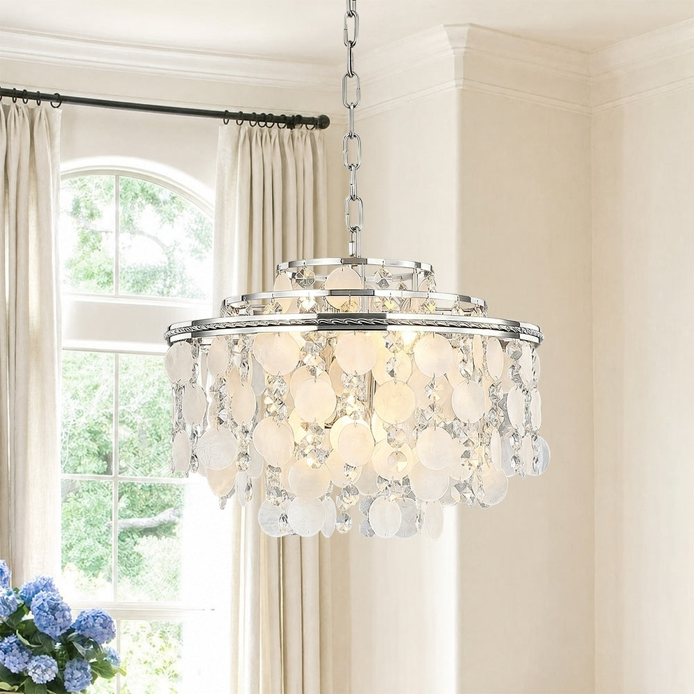 Mlian Polish Nickel Natural Capiz Shell Pendant Design Round Chandelier
