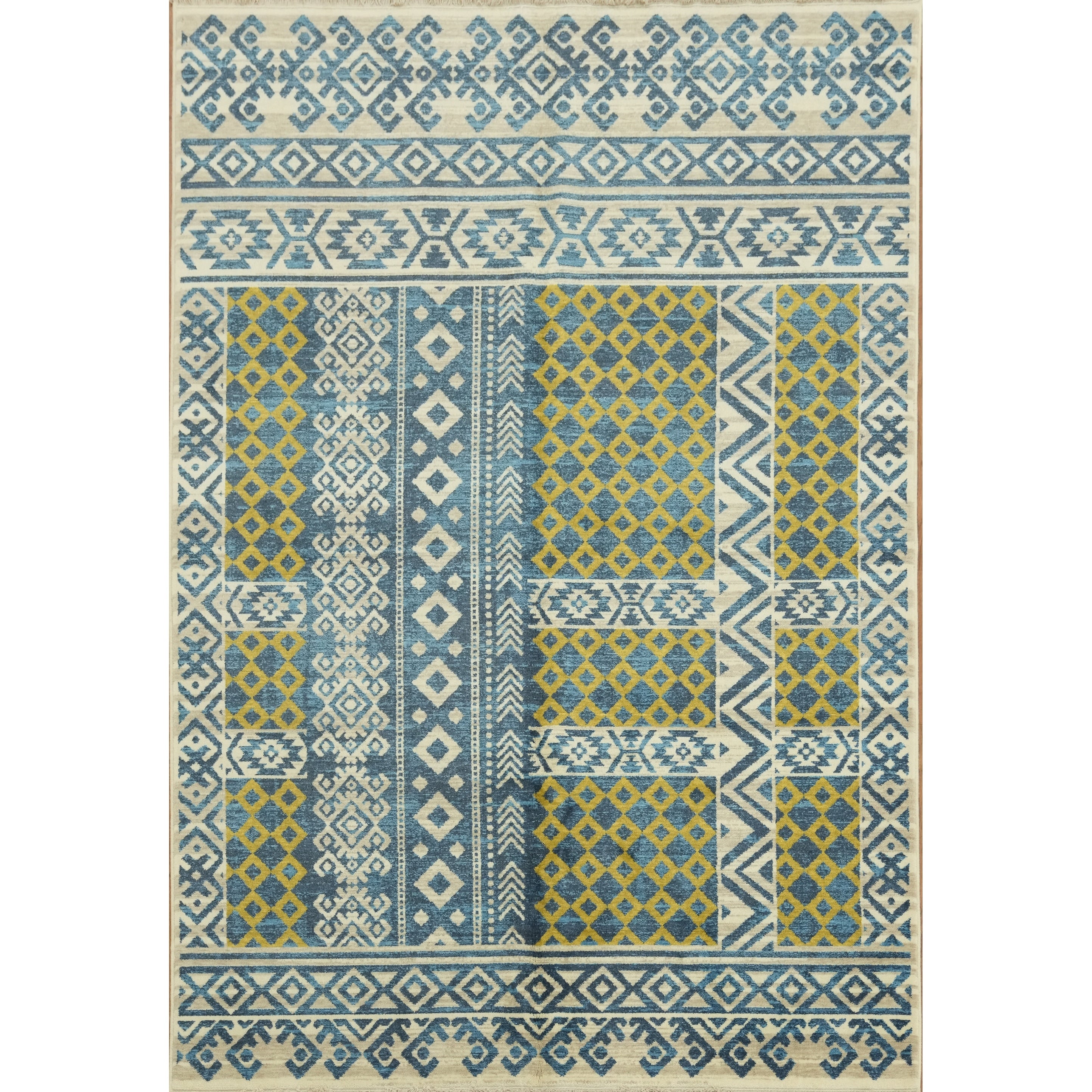 Machine Made Oriental Wool Carpet Geometric Navy Blue Blues Area Rug 9 4 X 6 5