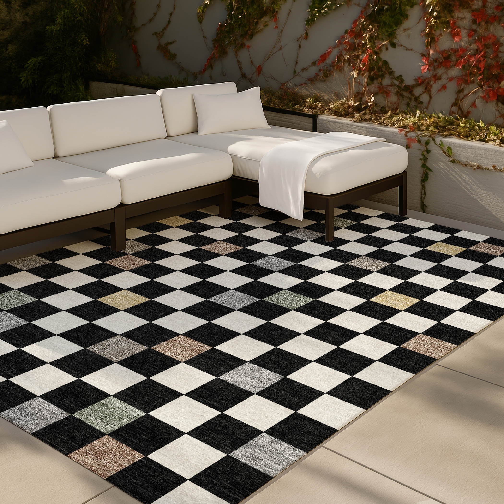 Machine Washable Indoor Outdoor Contemporary Checkerboard Chantille Rug