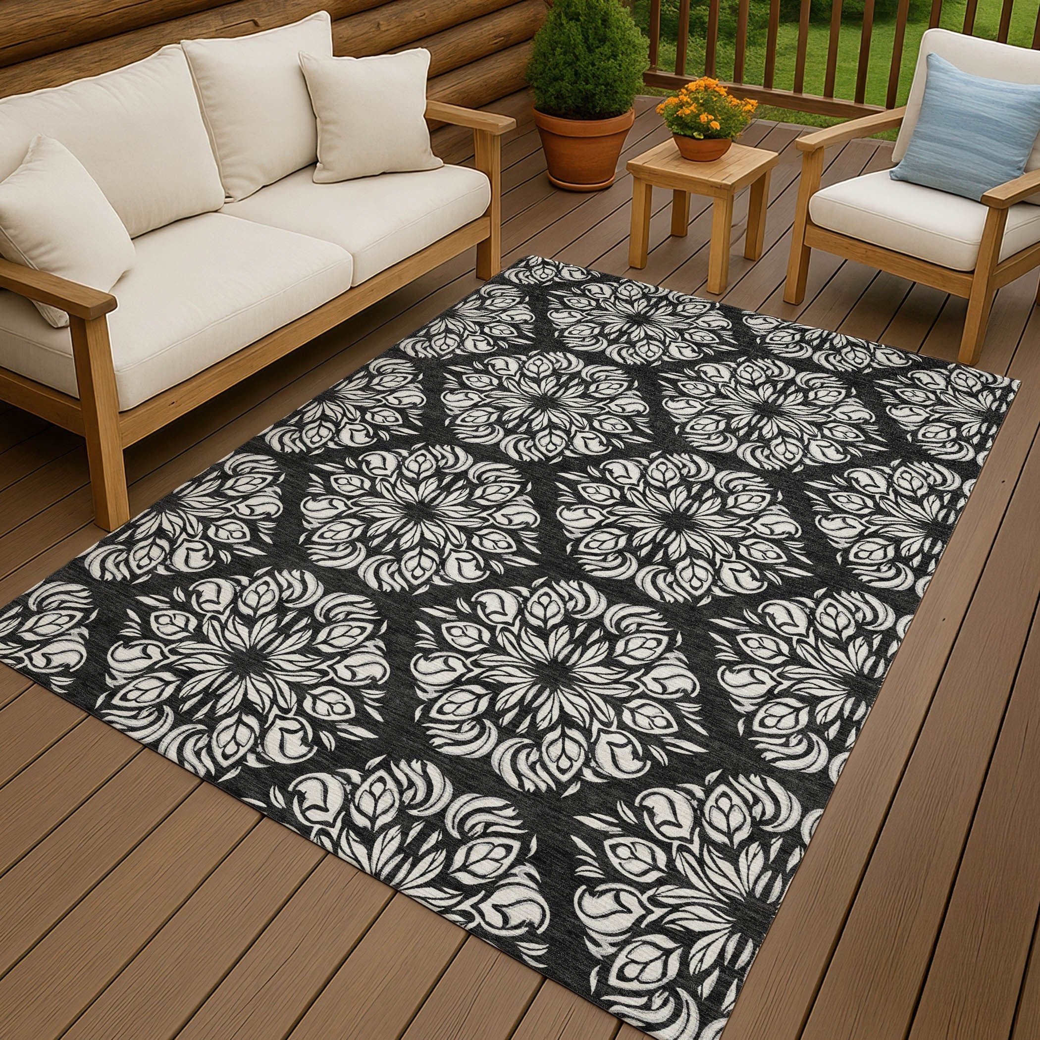 Machine Washable Indoor Outdoor Damask Pearl Chantille Rug