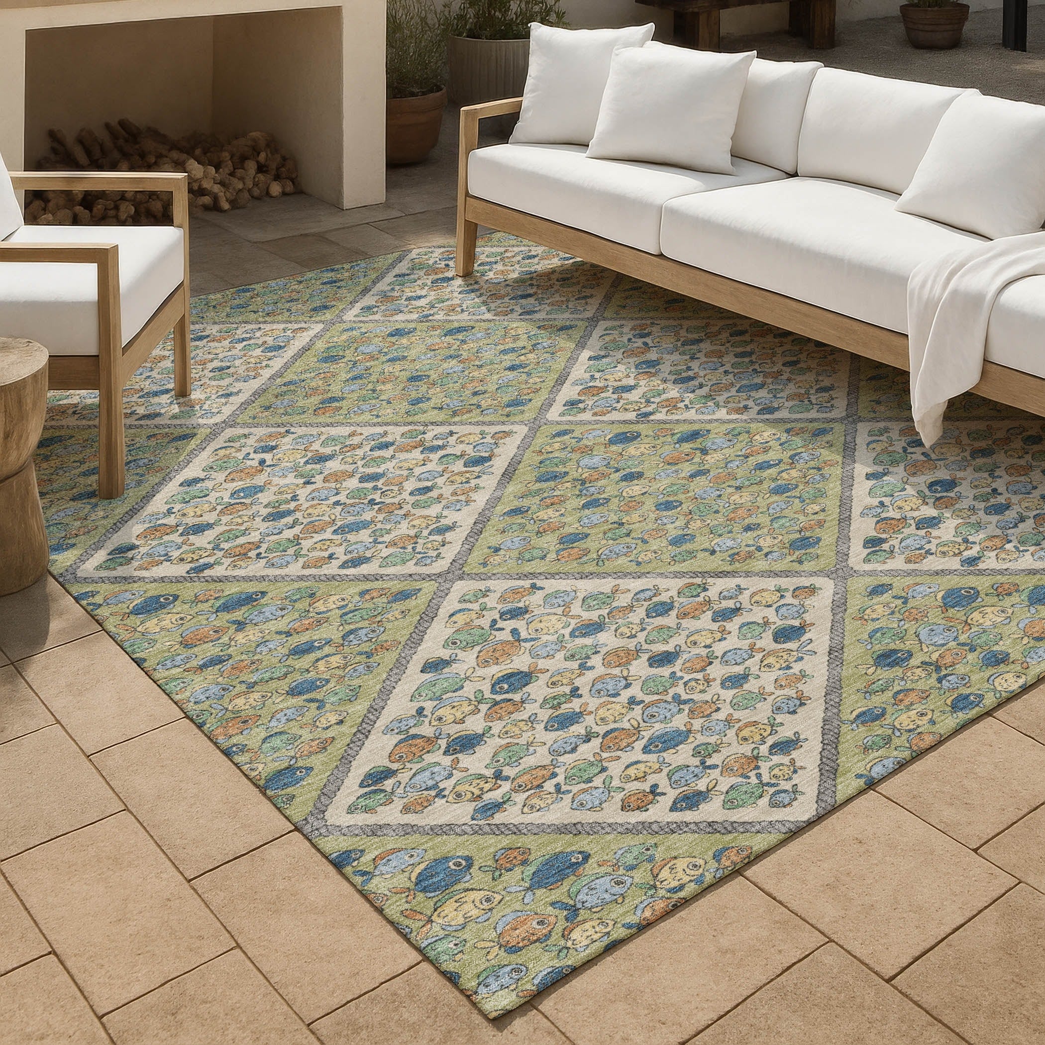 Machine Washable Indoor Outdoor Diamond Fish Chantille Rug