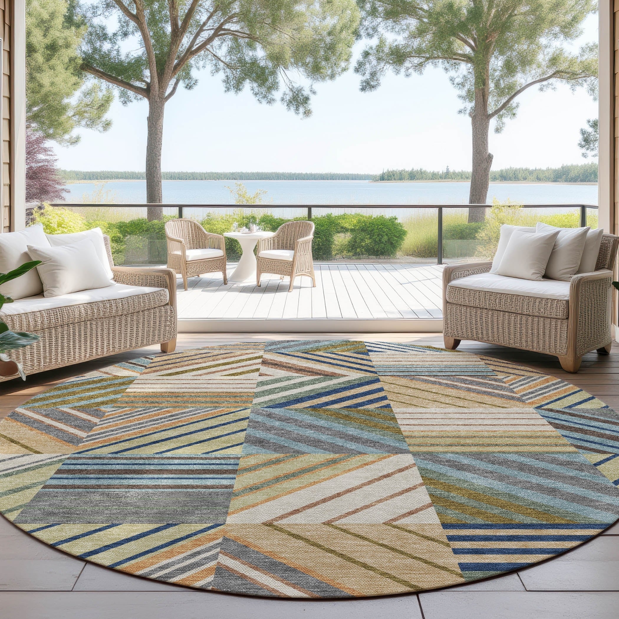 Machine Washable Indoor Outdoor Geo Mosaic Chantille Rug