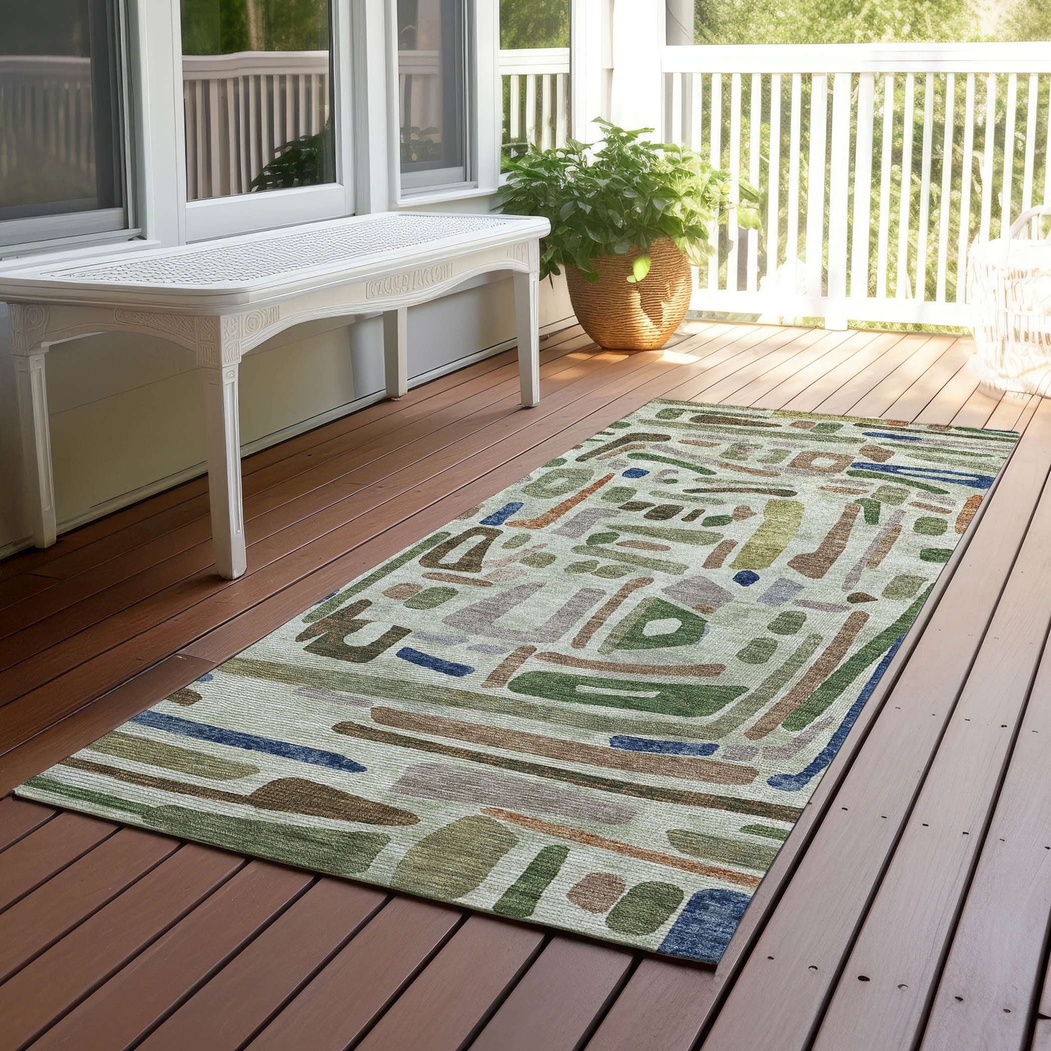 Machine Washable Indoor Outdoor Global Geo Chantille Rug