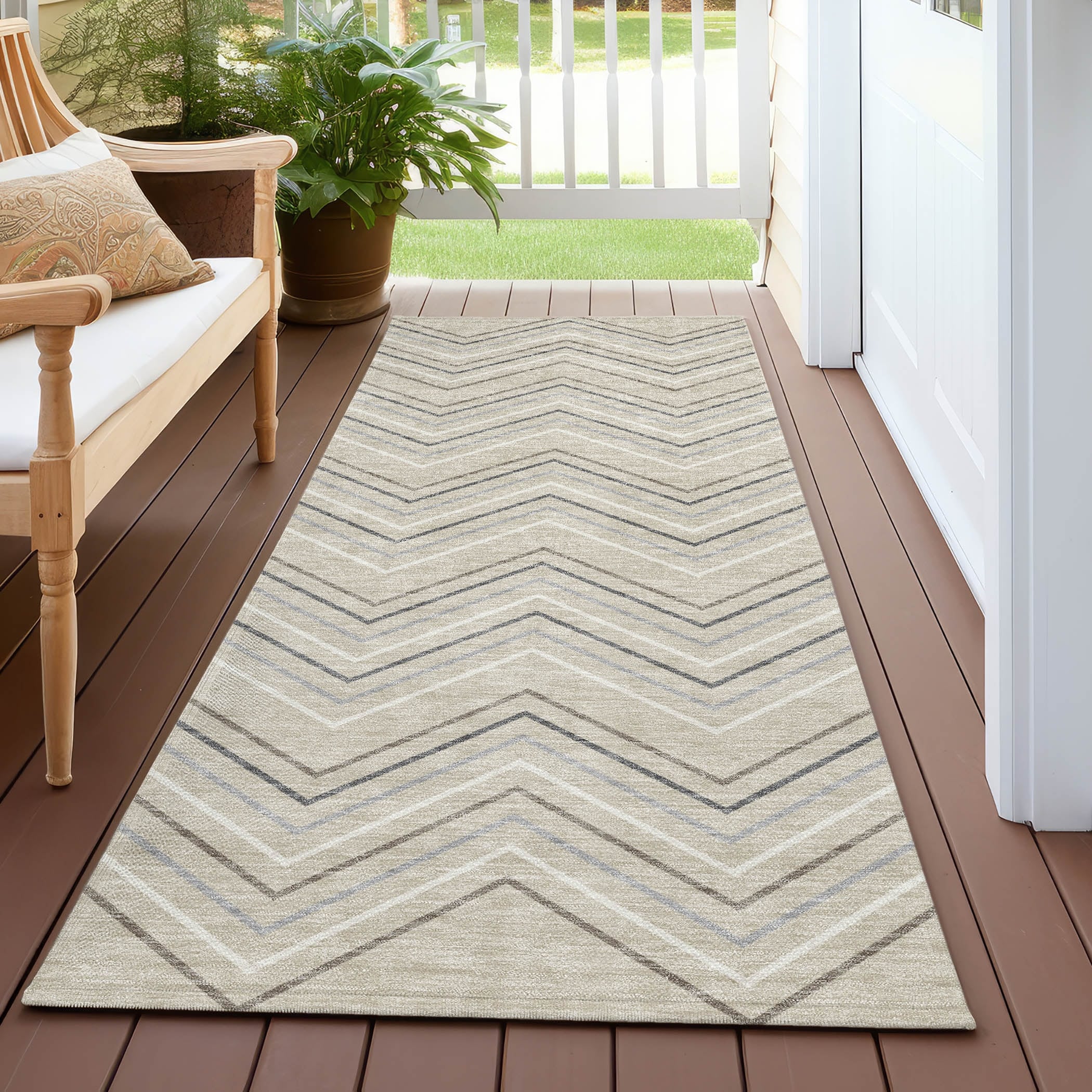 Machine Washable Indoor Outdoor Modern Chevron Chantille Rug