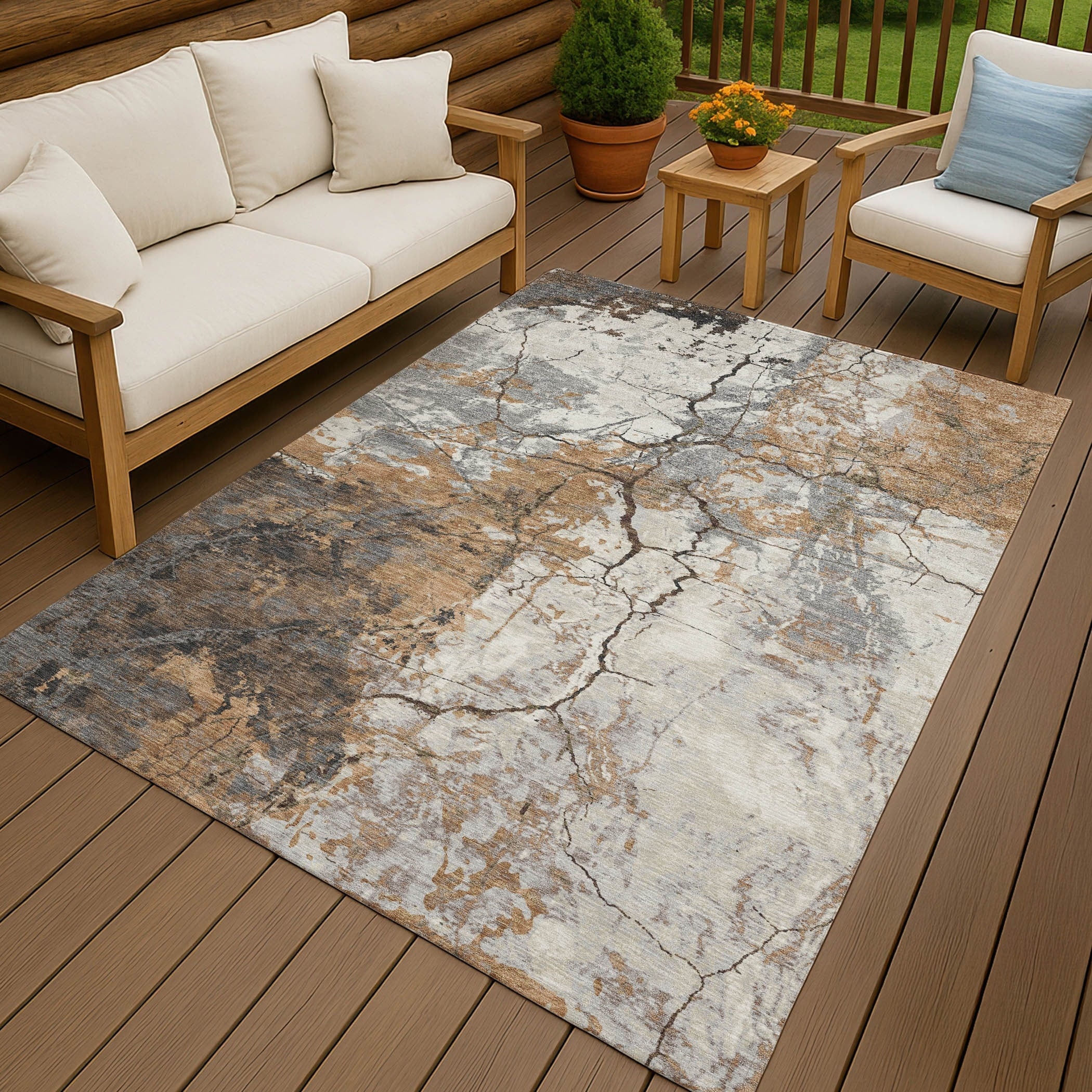 Machine Washable Indoor Outdoor Modern Crackle Chantille Rug
