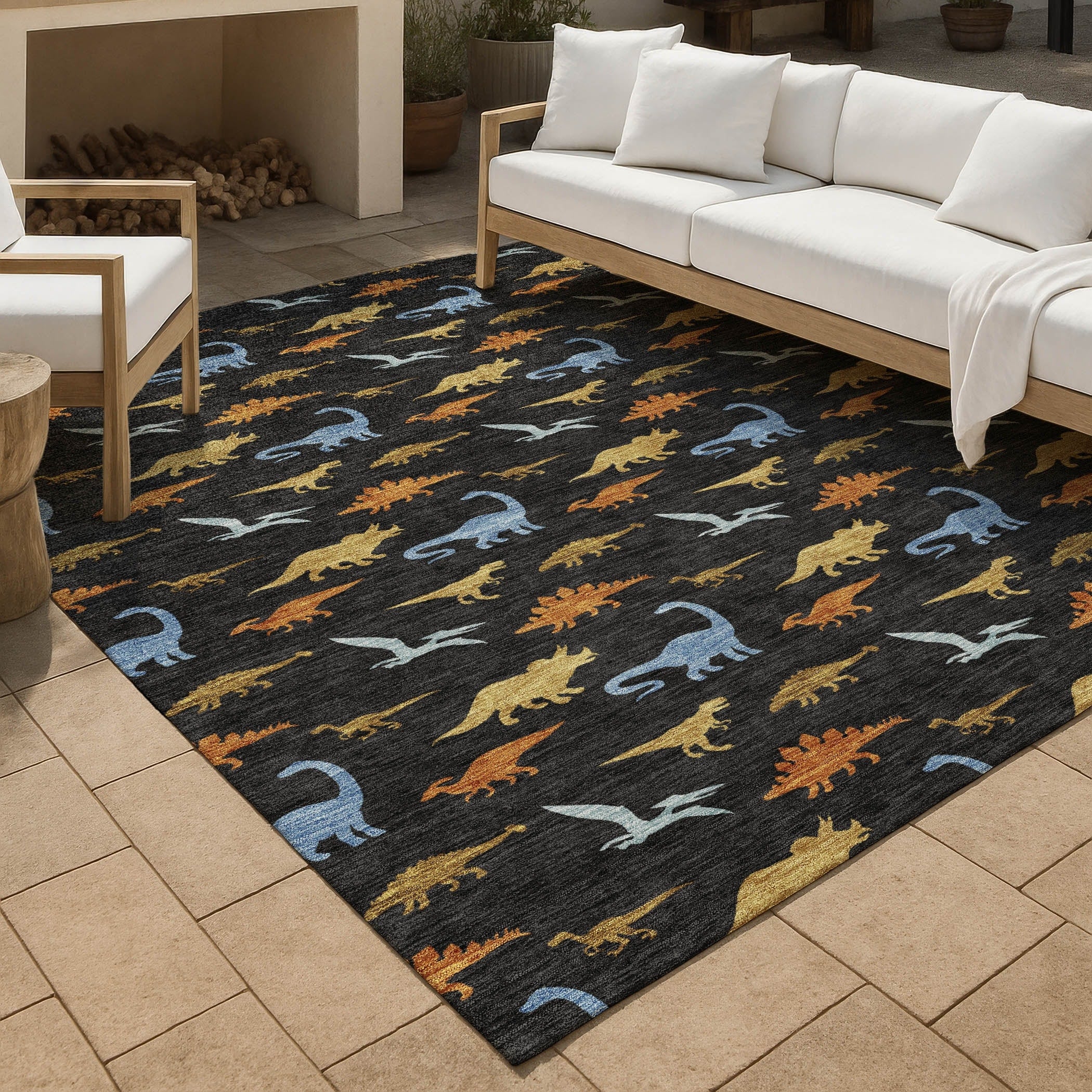 Machine Washable Indoor Outdoor Modern Dinosaur Chantille Rug