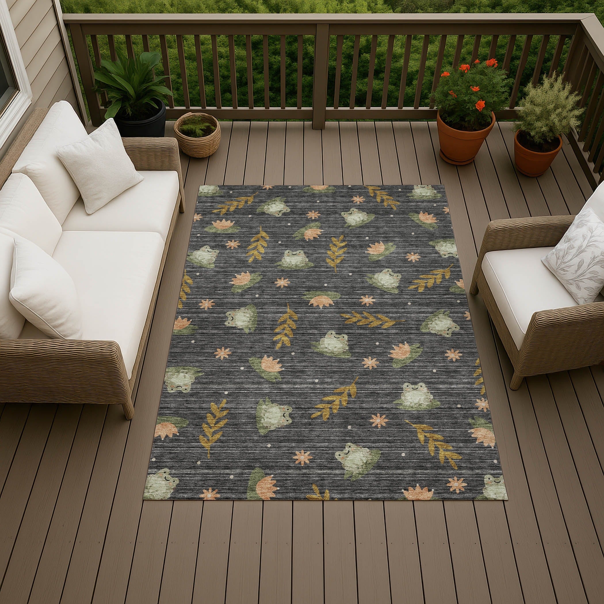 Machine Washable Indoor Outdoor Modern Frog Chantille Rug