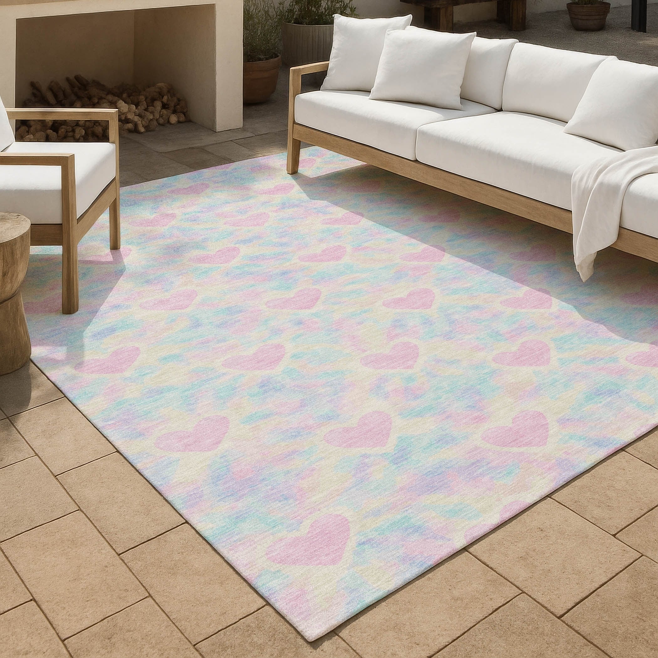 Machine Washable Indoor Outdoor Modern Hearts Chantille Rug