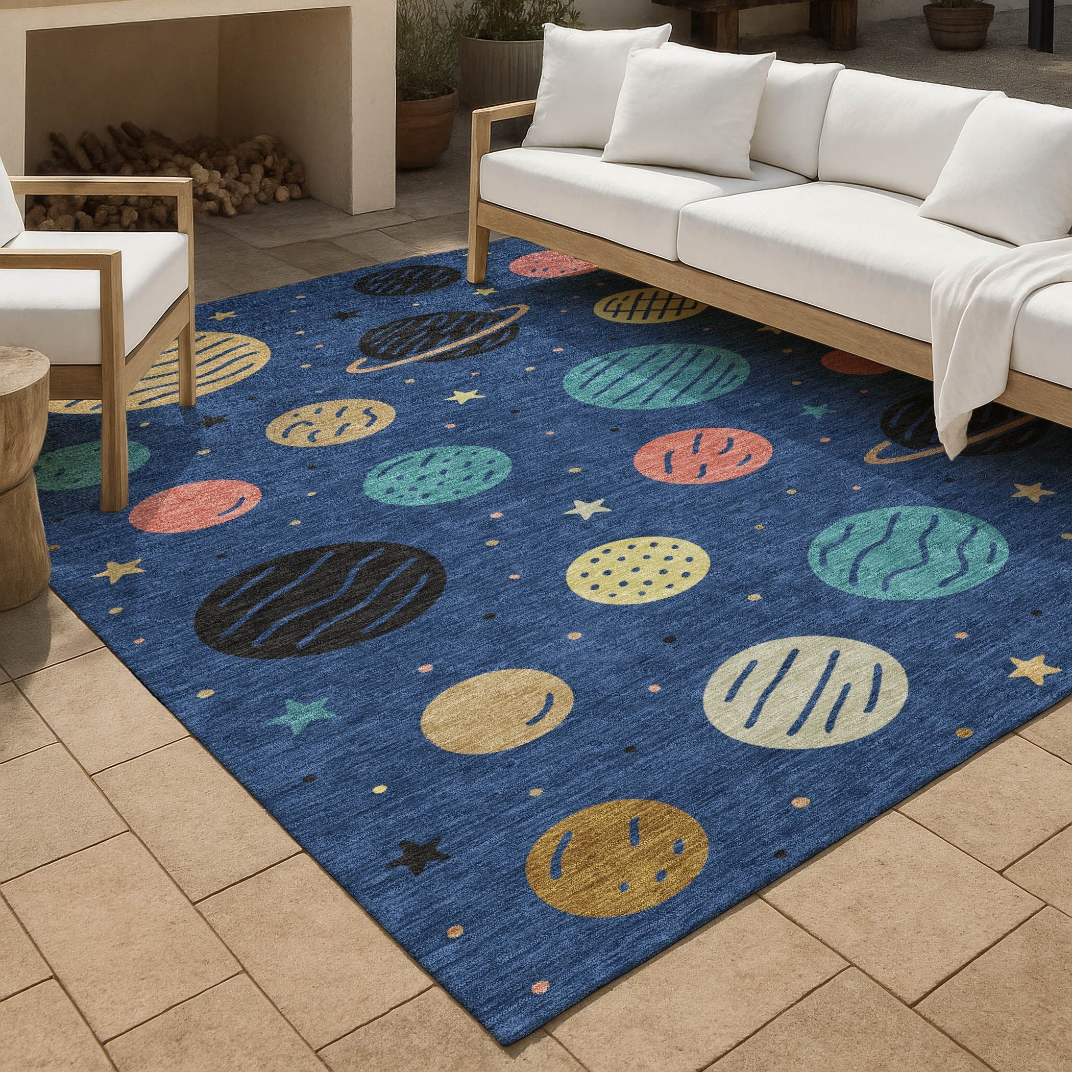 Machine Washable Indoor Outdoor Modern Planets Chantille Rug